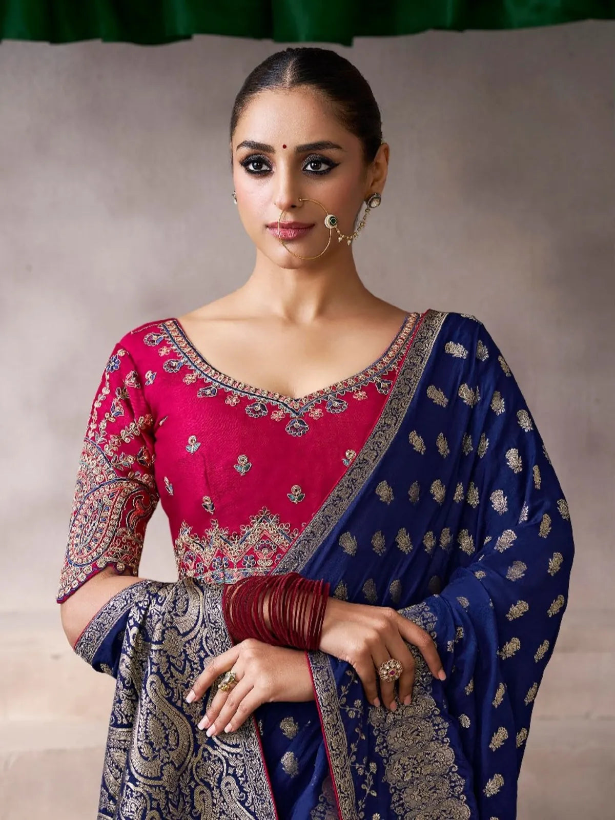 Tarani blue chiffon-silk saree with contrast blouse upper body look and detailed embroidery