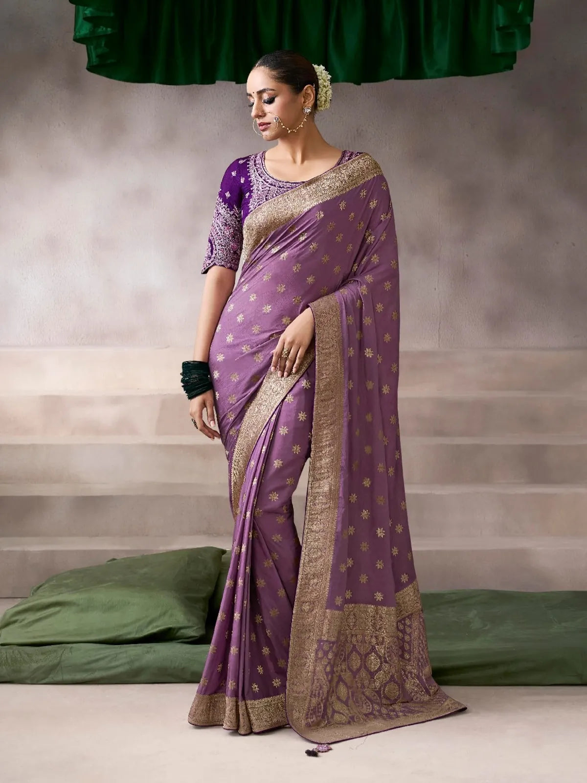 Tarani lavender chiffon-silk saree with golden motifs and zari border in full view