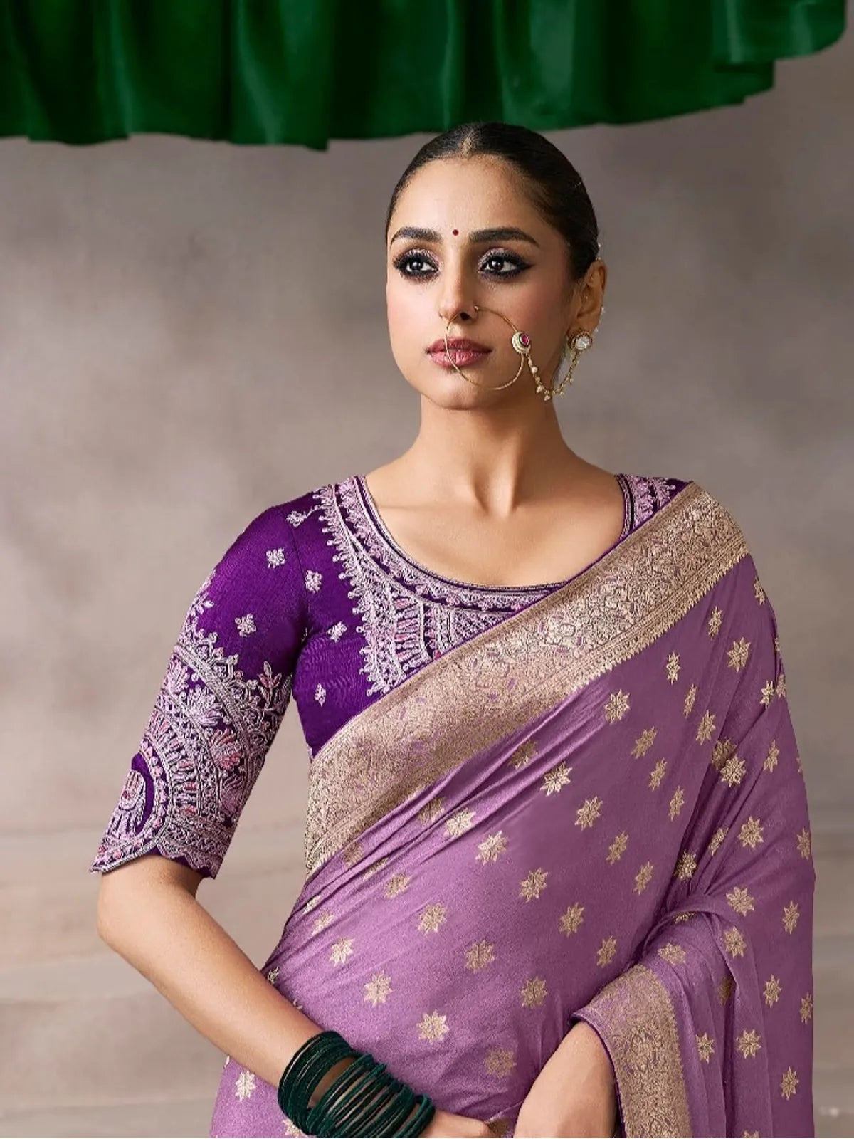 Tarani lavender chiffon-silk saree with embroidered purple blouse in upper body close-up