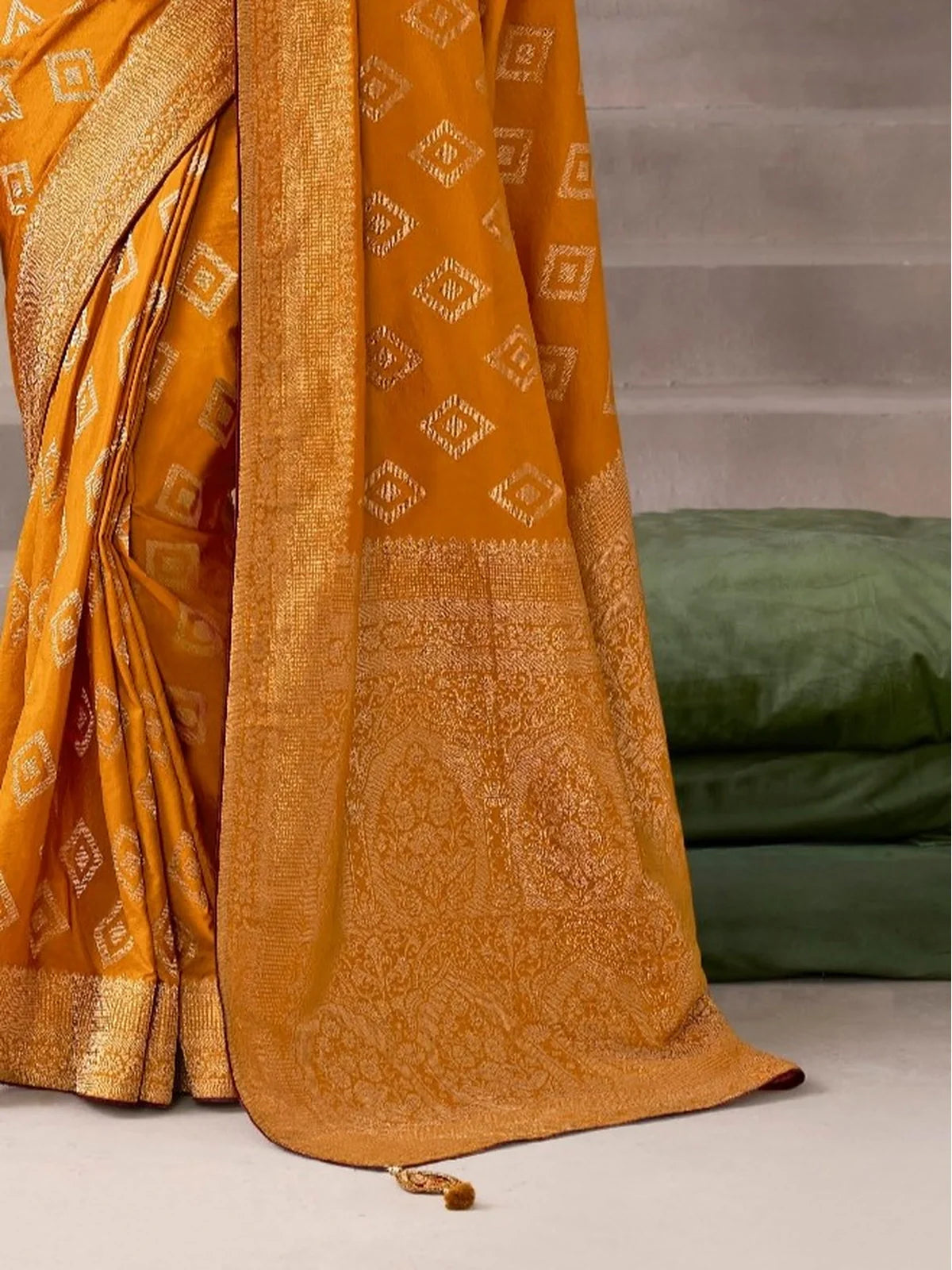 Tarani simran Mustard Chiffon Silk saree close up view for festive party and wedding wear