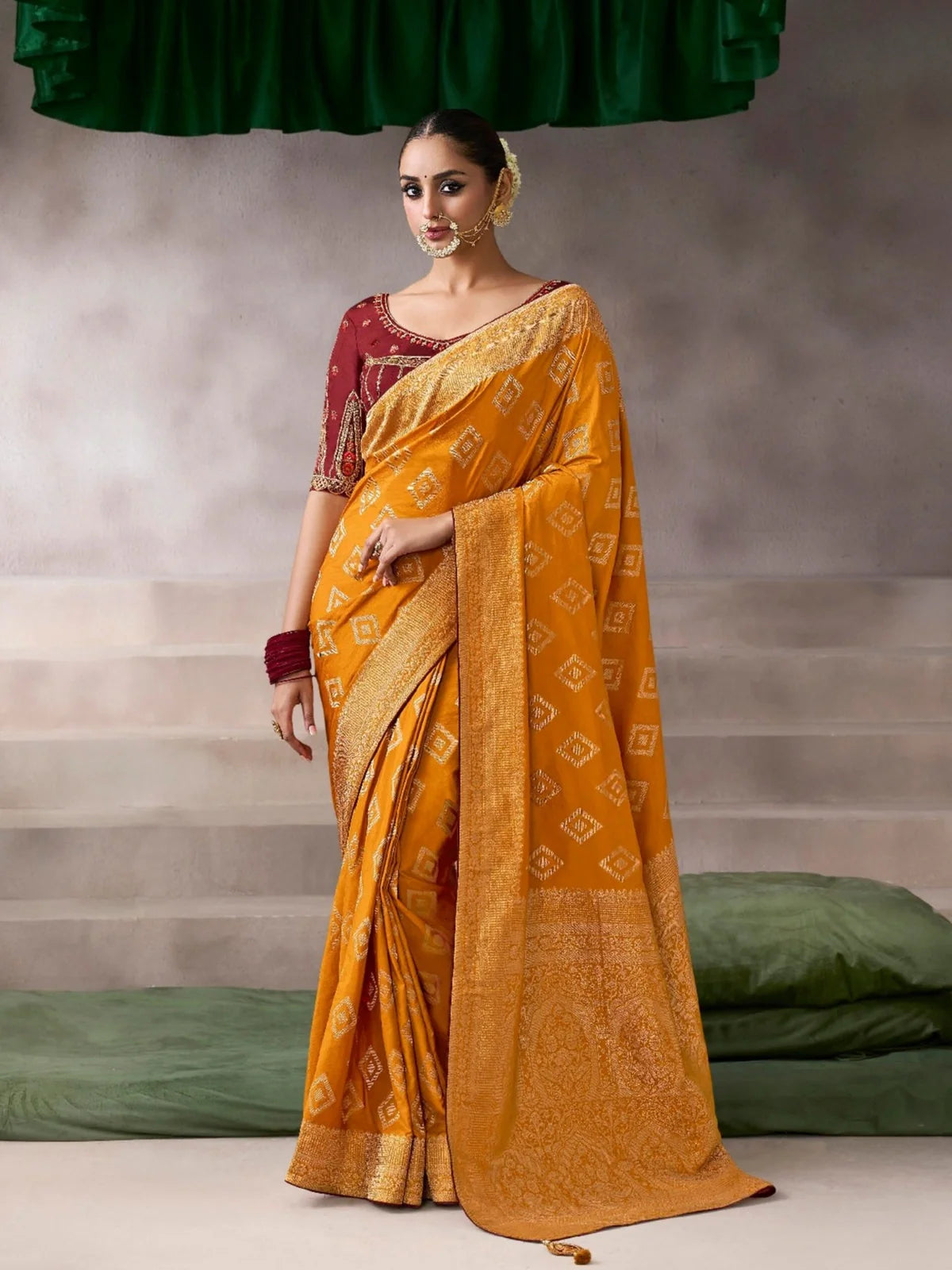 Tarani mustard chiffon silk saree with zari weave and embroidered maroon blouse for festive occasions