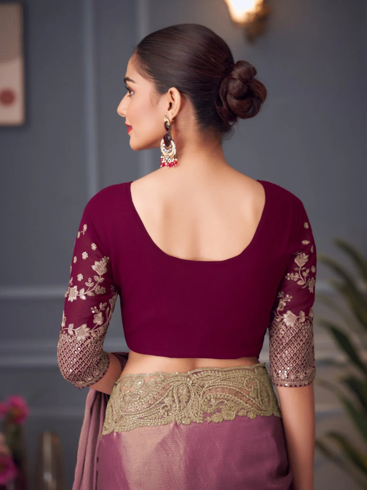 Tarani pink chiffon silk saree back view with stylish blouse design