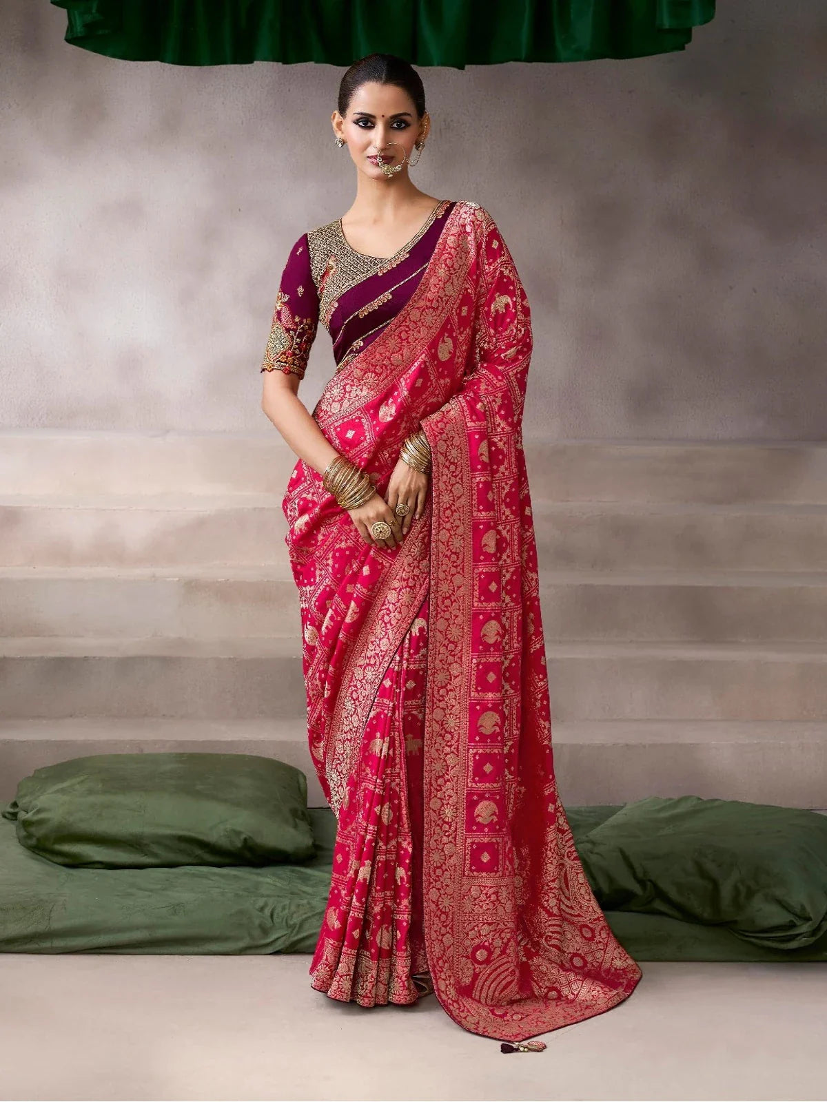 Tarani pink chiffon silk saree with rich golden woven motifs and maroon embroidered blouse for weddings