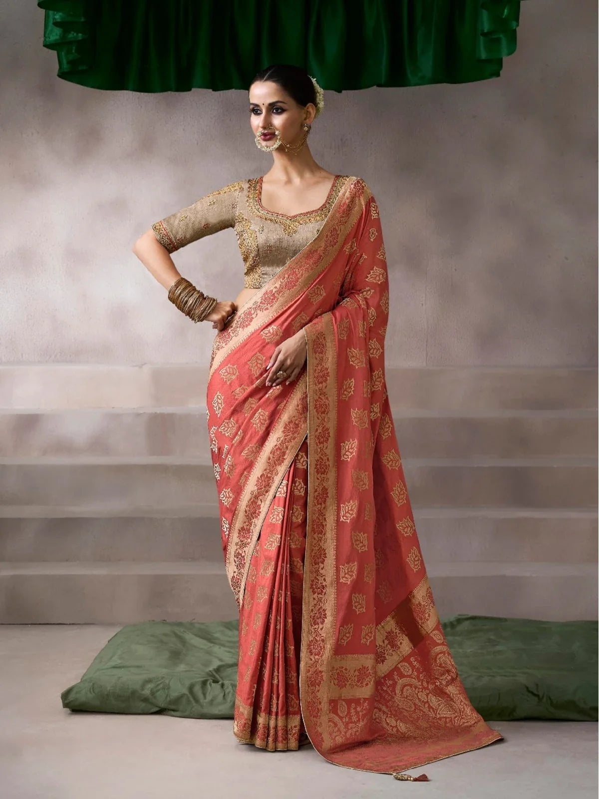 Tarani red chiffon silk saree with zari work and embroidered golden blouse for weddings and festivals