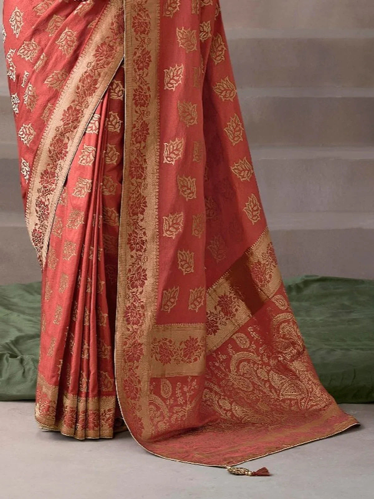 Tarani salilika Red Chiffon Silk saree close up view for festive party and wedding wear