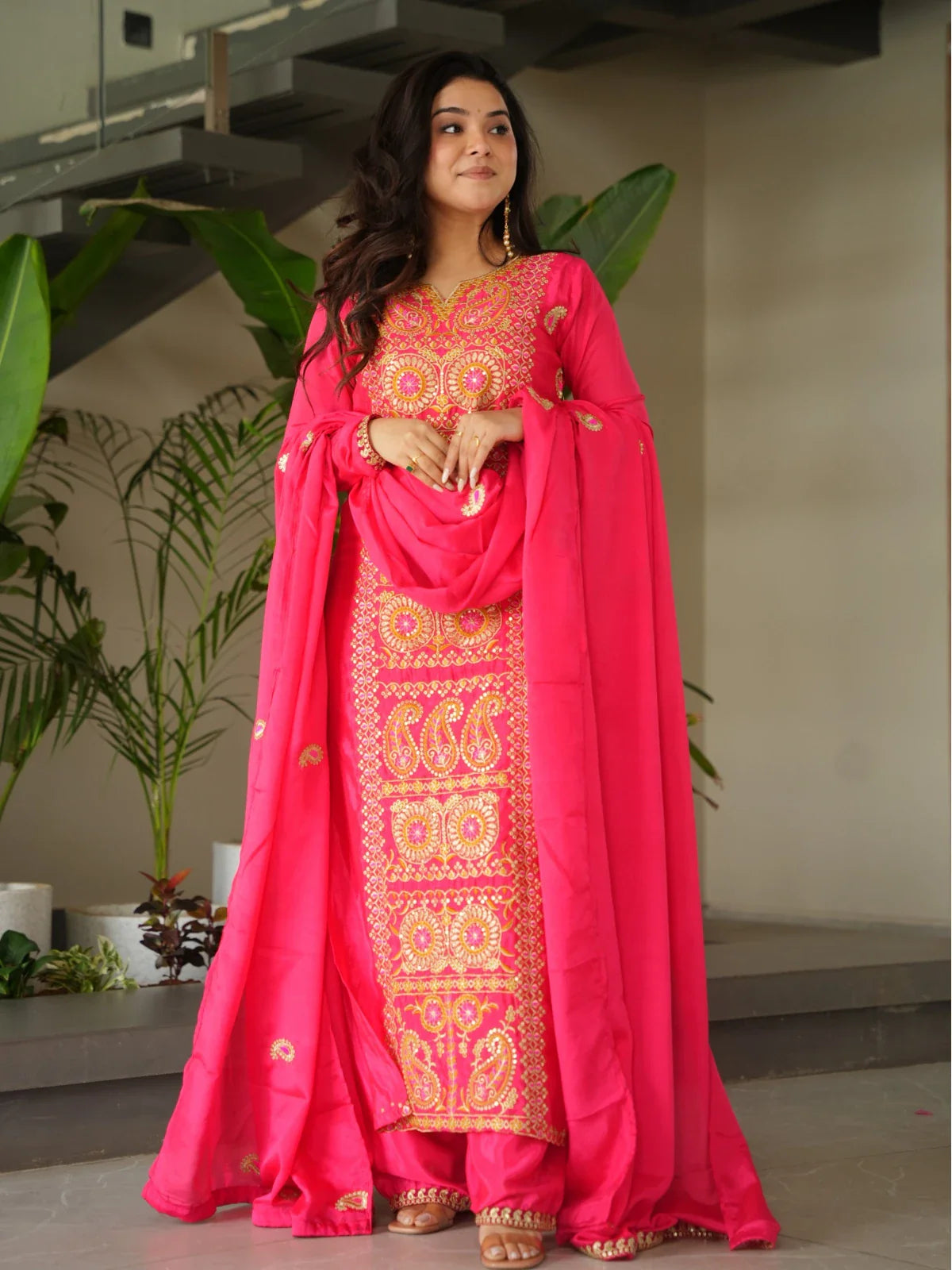 Tarani pink chinnon dress with zari and thread embroidery shown in full front view with matching dupatta