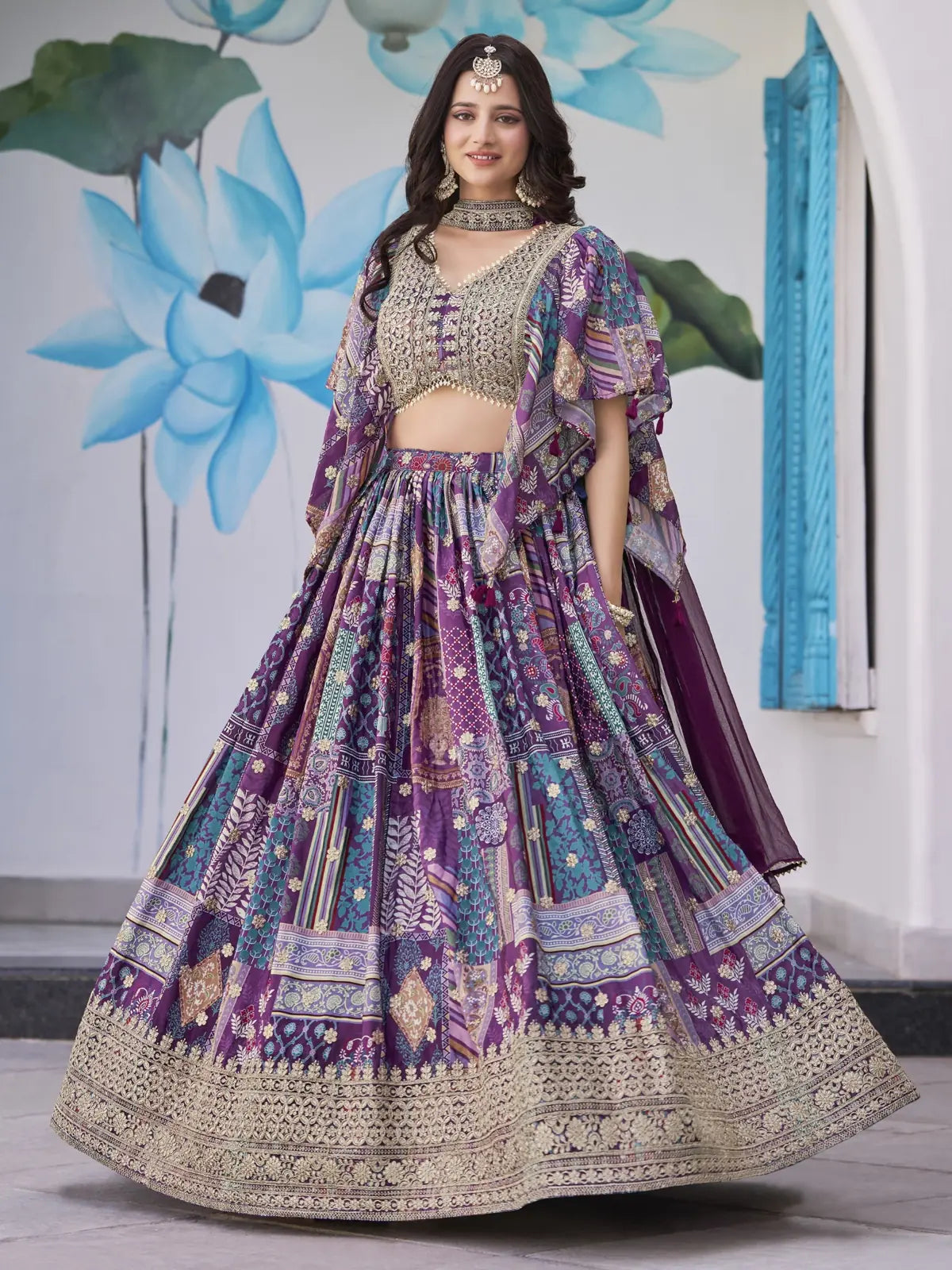 Tarani purple chinnon silk lehenga with zari embroidery and blouse full front view for weddings