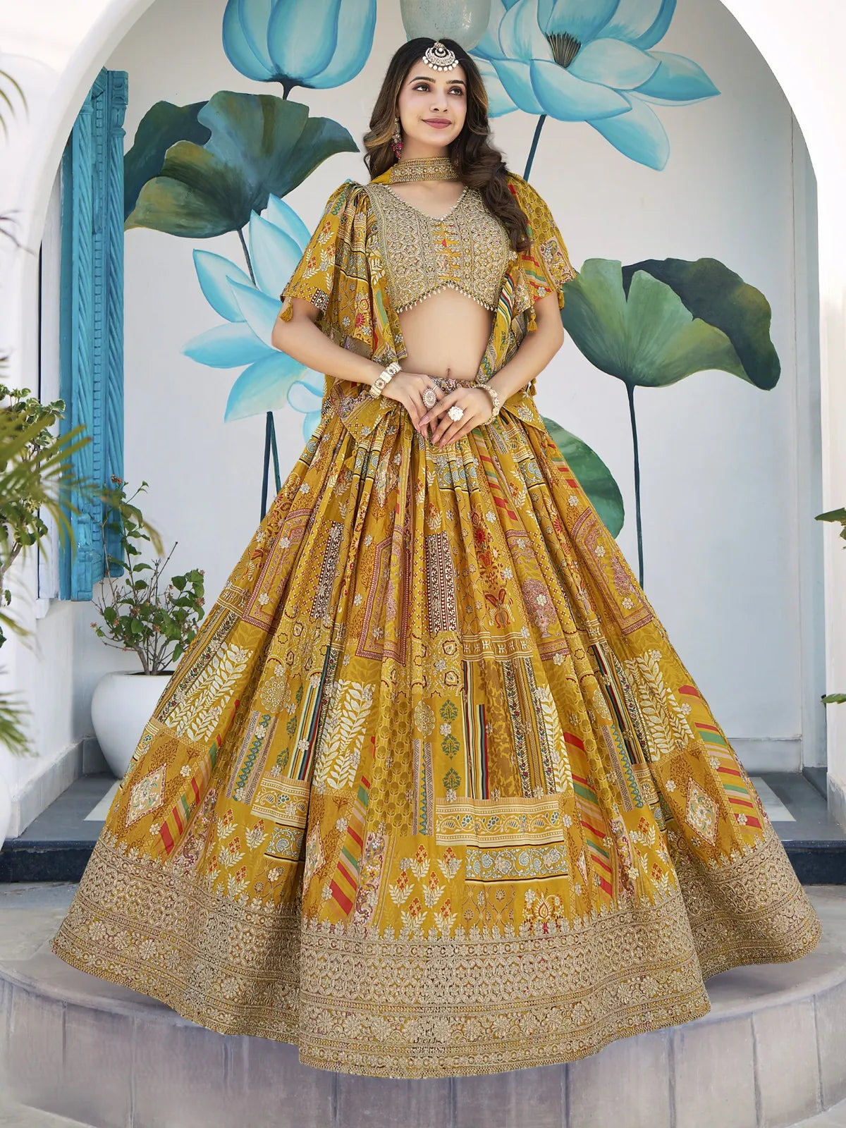 Tarani chinnon silk yellow lehenga with zari embroidery and blouse, full view for festive occasions