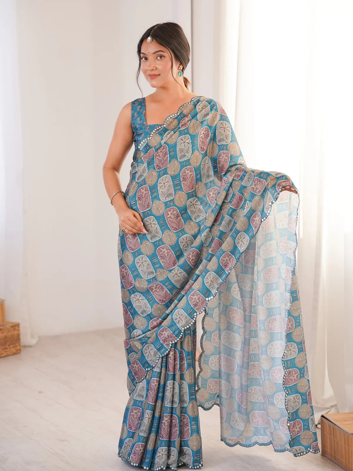 Tarani blue chinnon saree with mirror work and multicolor printed pattern front full view