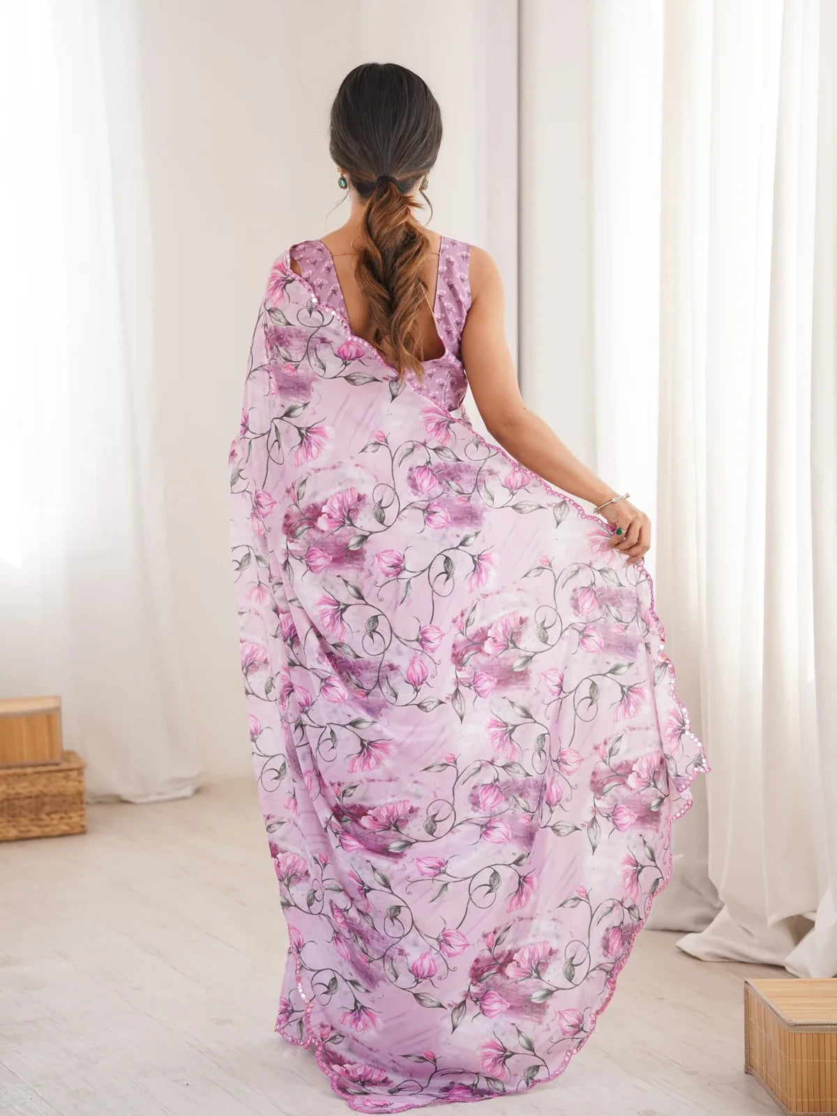 Tarani lavender floral chinnon saree back view view