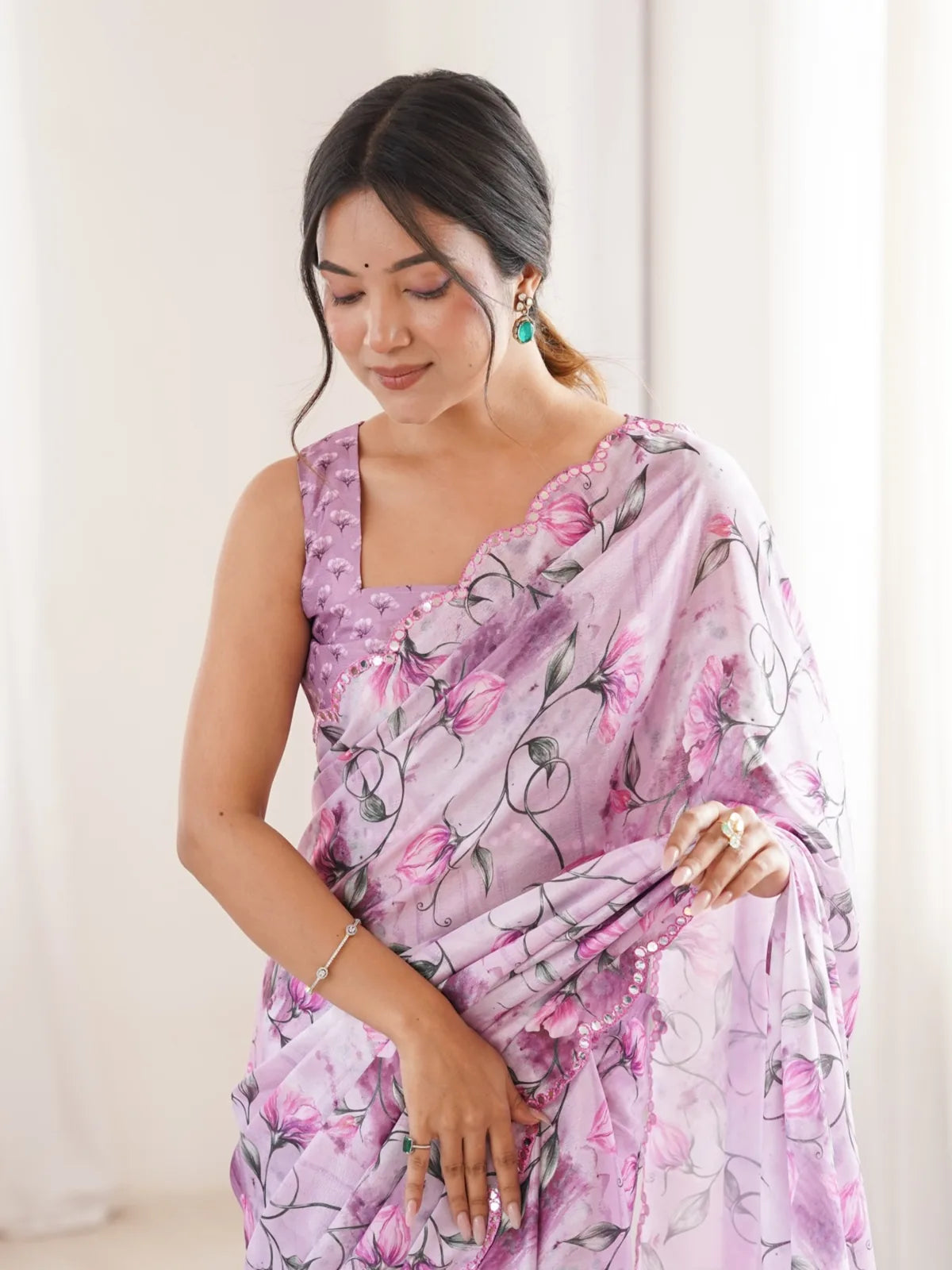 Tarani lavender floral chinnon saree upper body view view