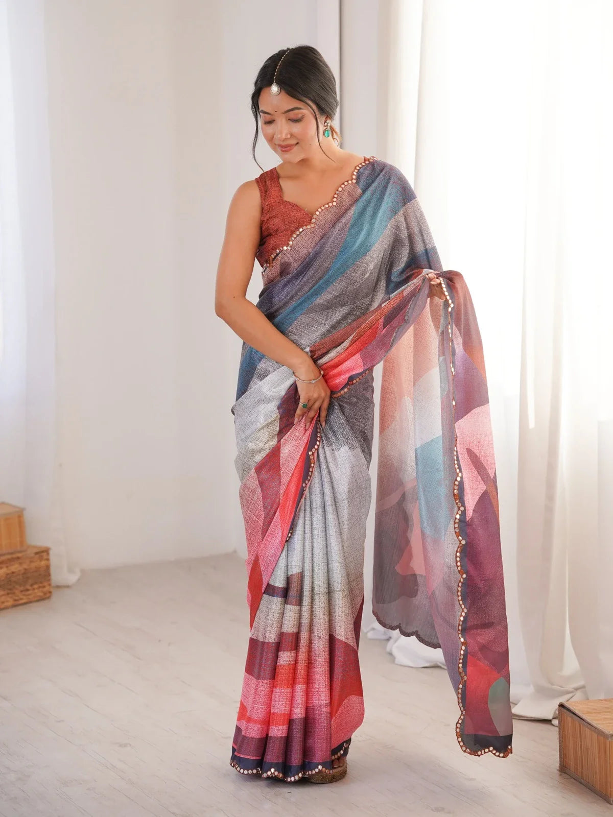 Tarani multicolor heavy chinnon saree full view with pape mirror work and designer border