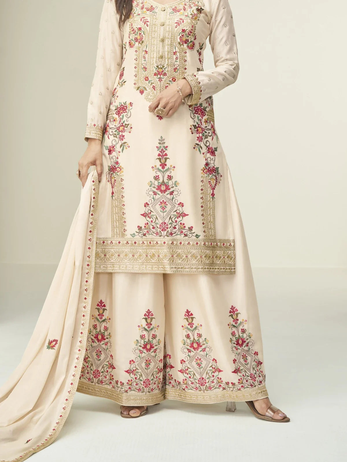 Tarani beige chinnon silk embroidered sharara palazzo dress front design view