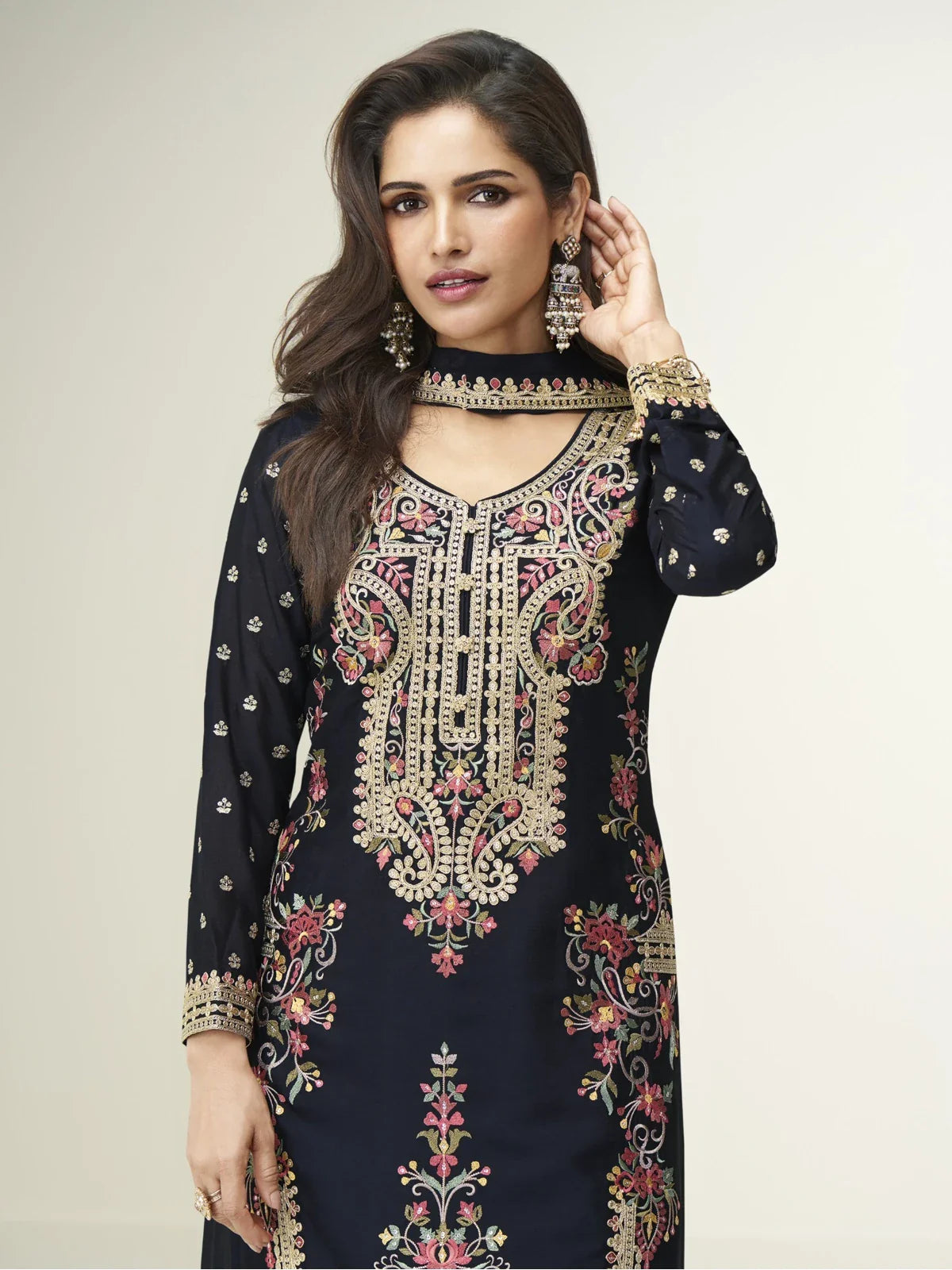 Tarani premium black chinnon silk embroidered kurti top design closeup view