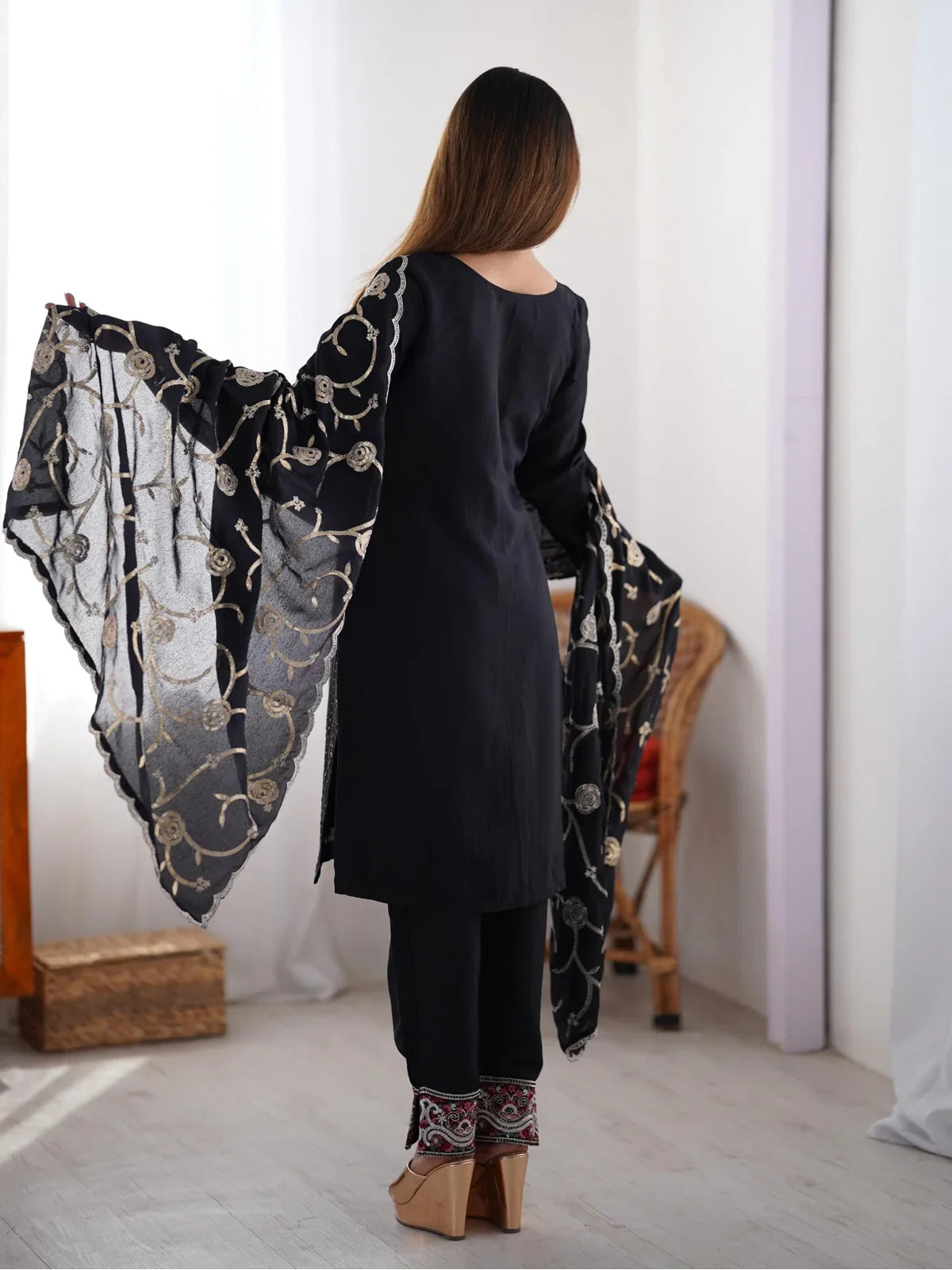 Tarani black embroidered chinon silk dress back view with flowy dupatta and graceful silhouette