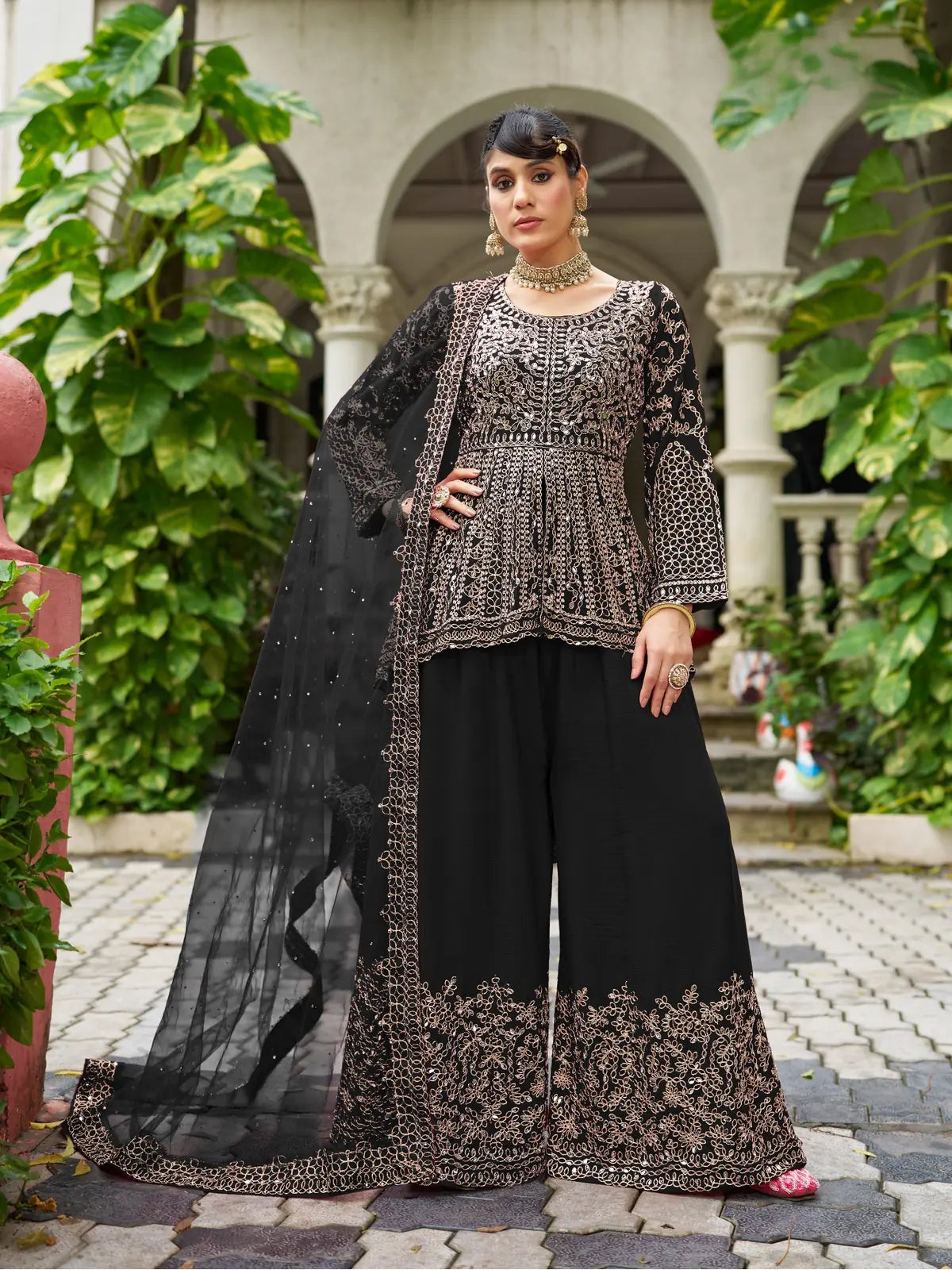 Tarani black chinon party wear dress with heavy mirror embroidery and sharara set front full view