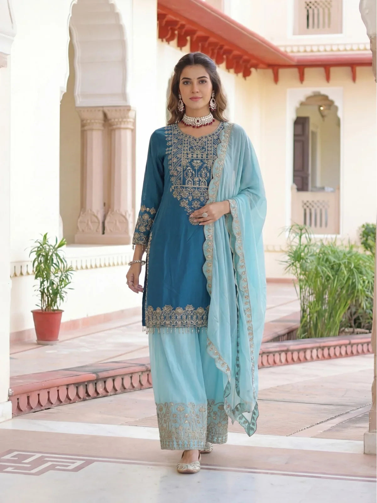 Tarani premium blue embroidered chinon dress with dupatta and palazzo full front view