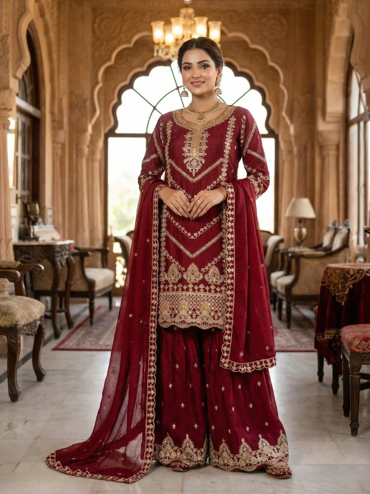Tarani maroon chinon sharara dress with full embroidery front view worn by model in palace interior