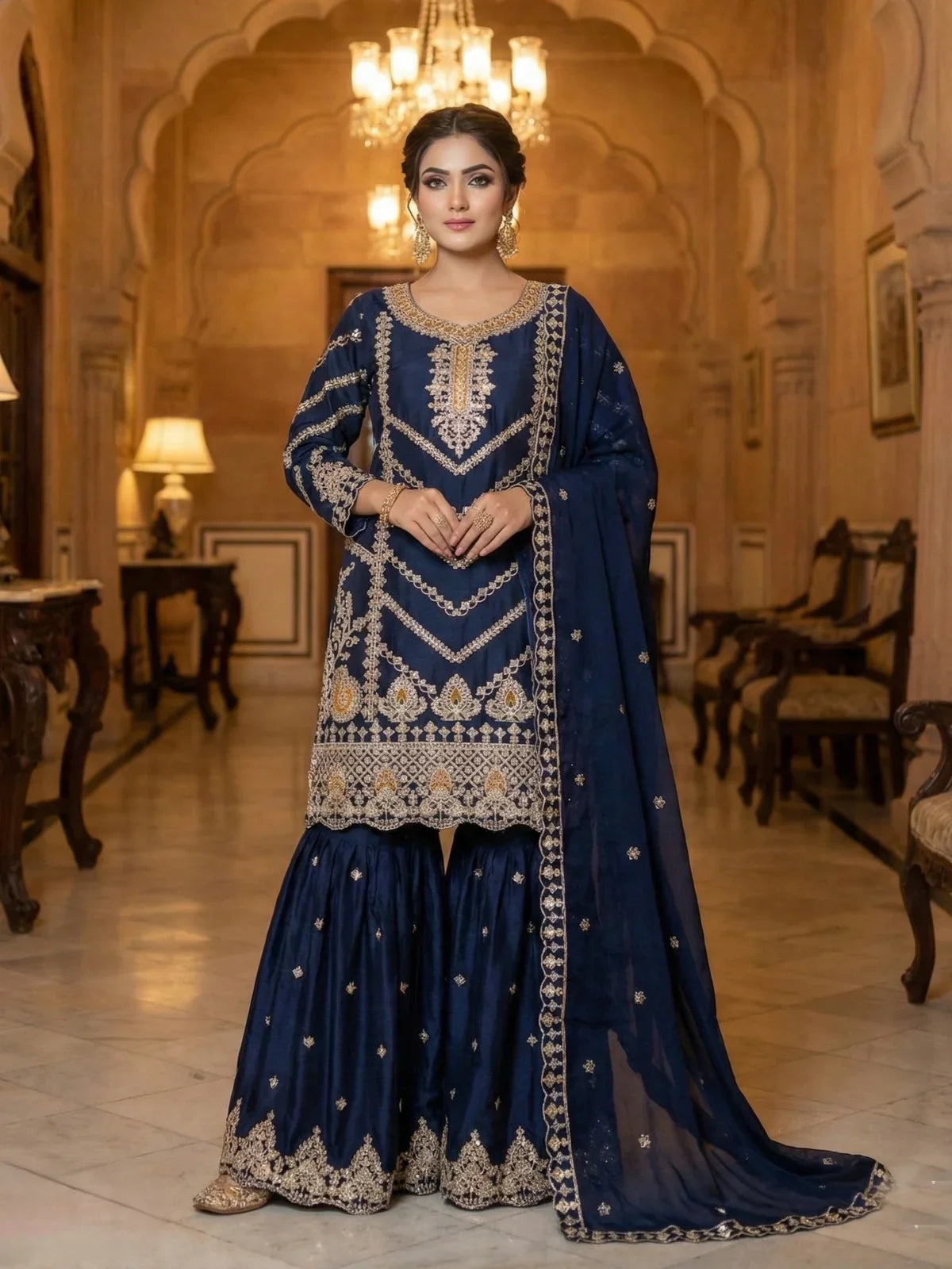 Tarani navy blue chinon sharara suit with golden embroidery and dupatta - full view