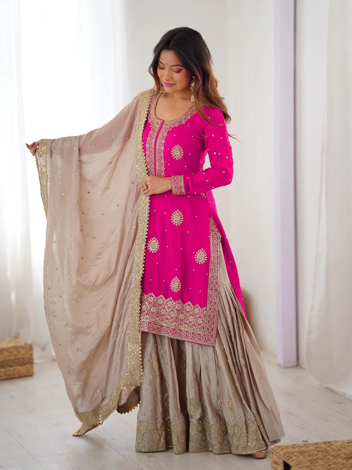 Tarani pink Chinon silk party dress with sharara and dupatta for festive wedding wear
