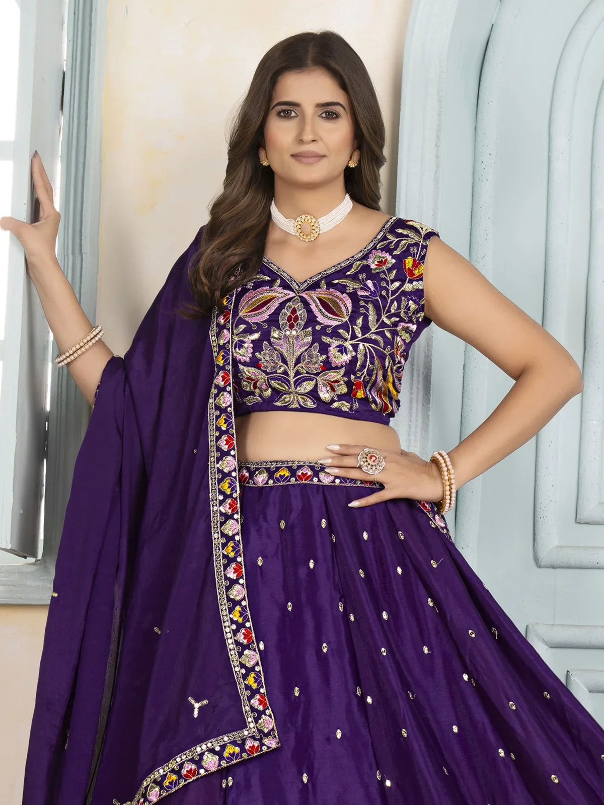 Tarani purple chinon lehenga front view with detailed embroidery