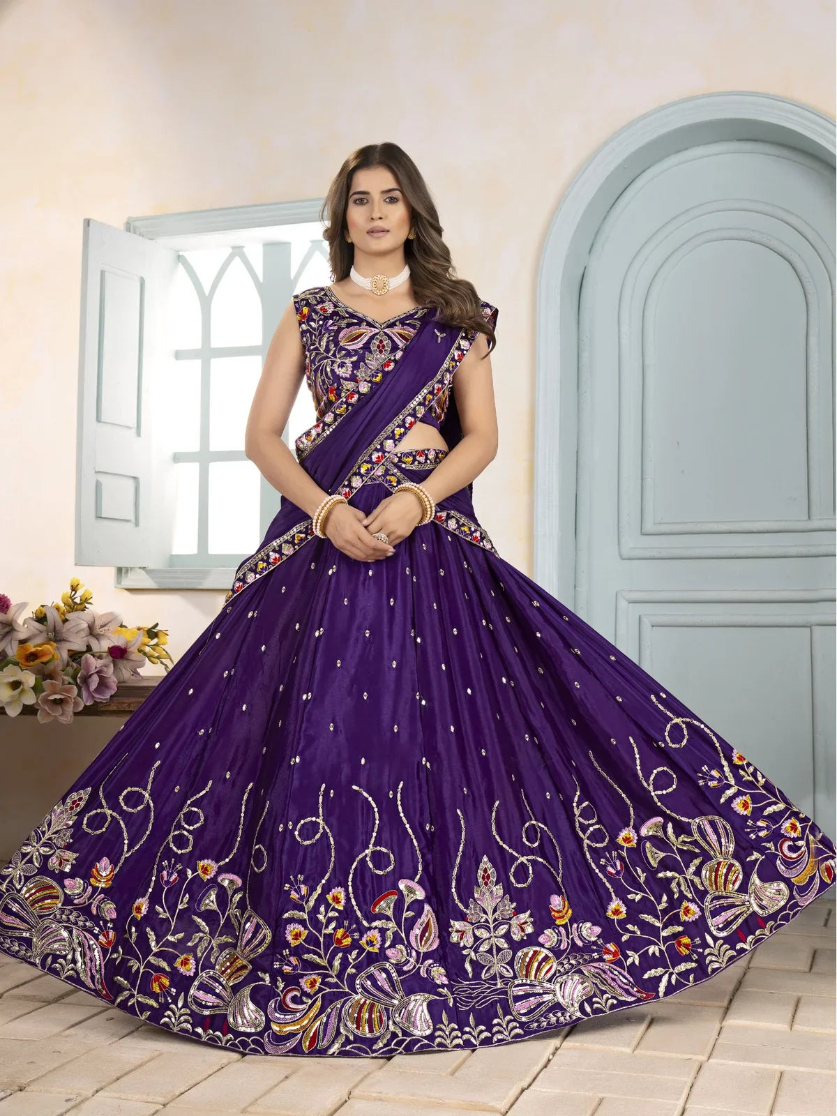 Tarani purple chinon lehenga front view highlighting blouse and dupatta design