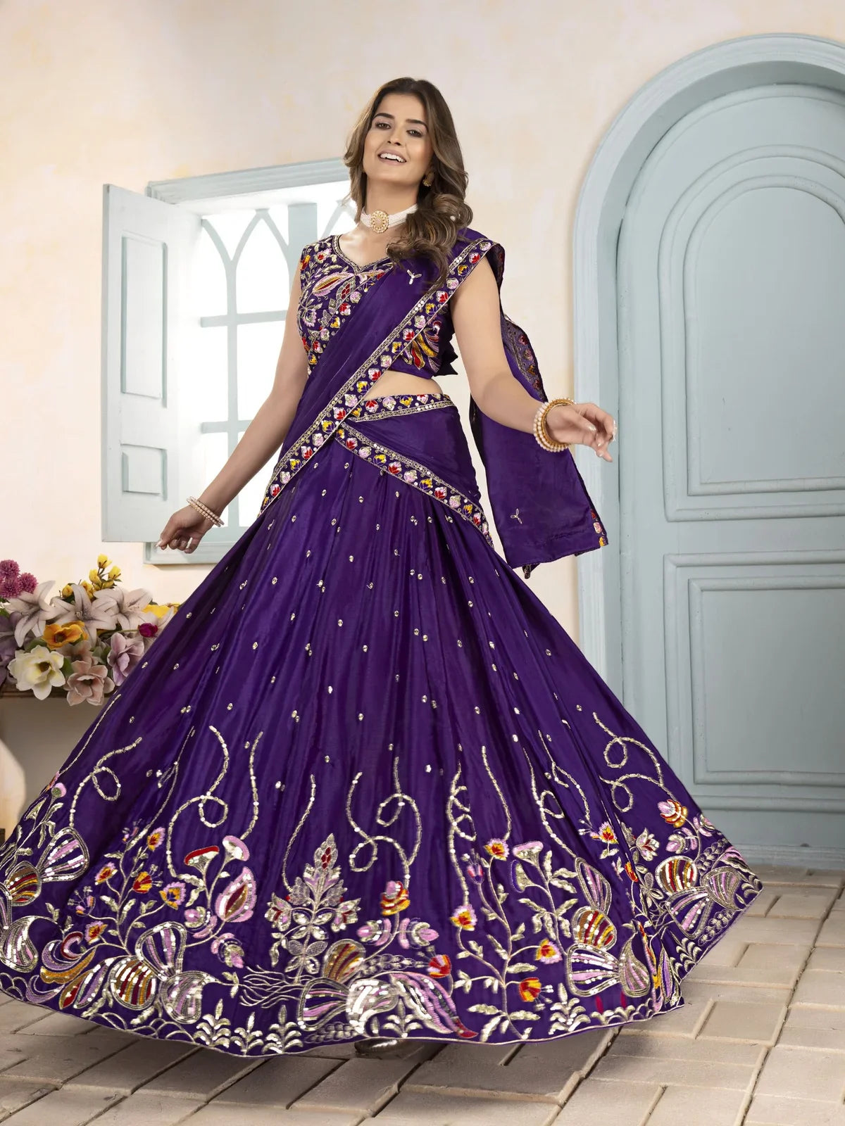 Tarani purple chinon lehenga full view showing complete flair and dupatta
