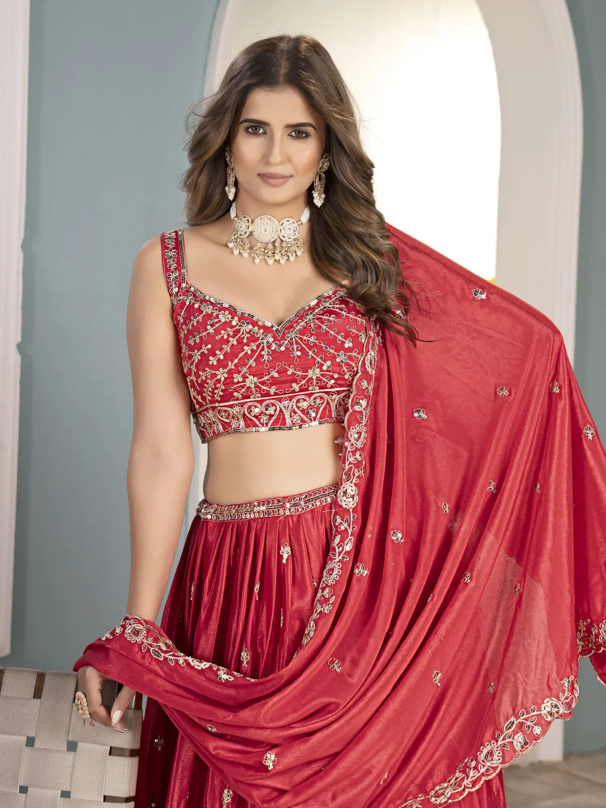 Tarani red chinon lehenga designer party wear front view