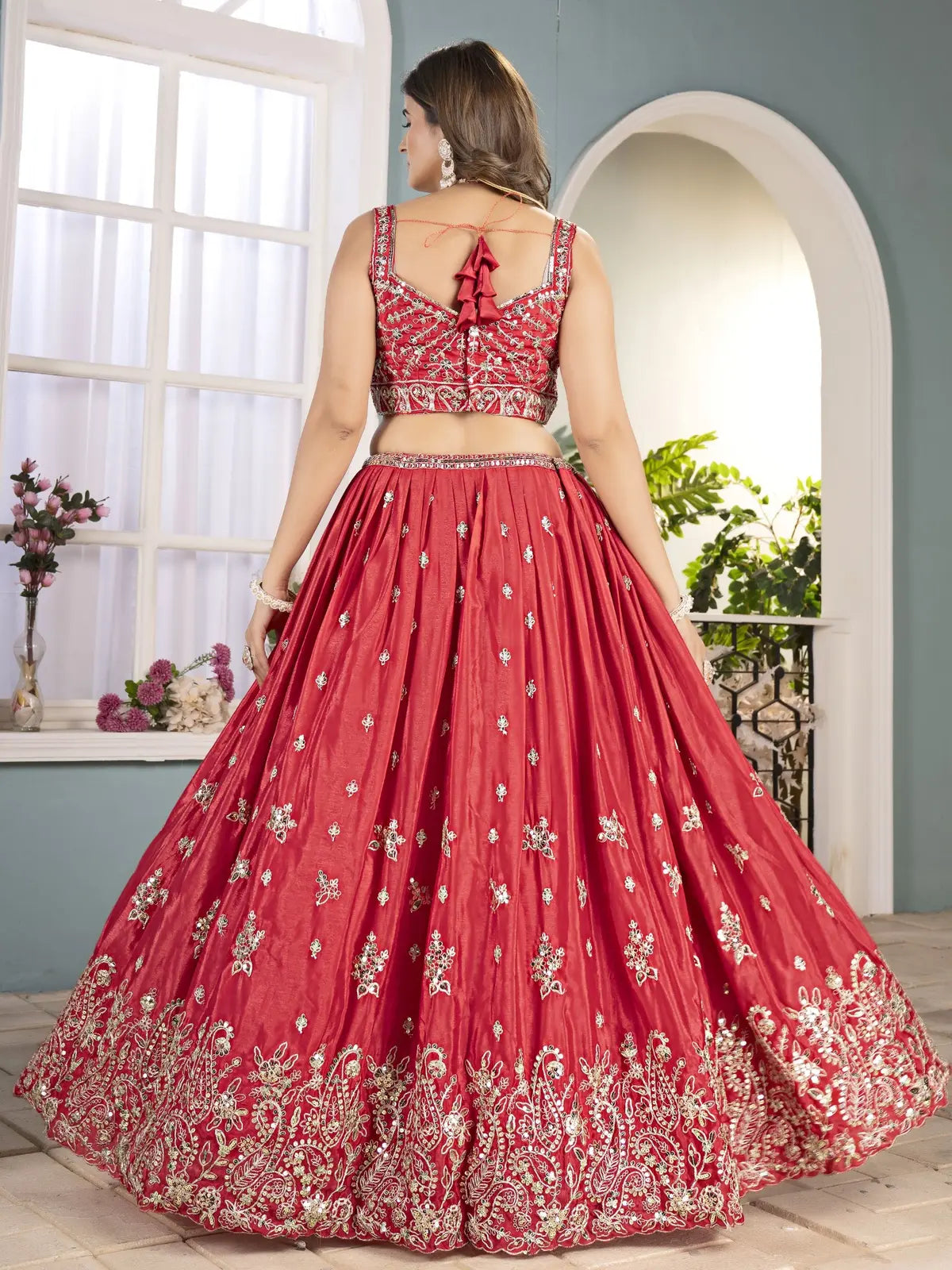 Tarani red chinon lehenga full back view with embroidery details