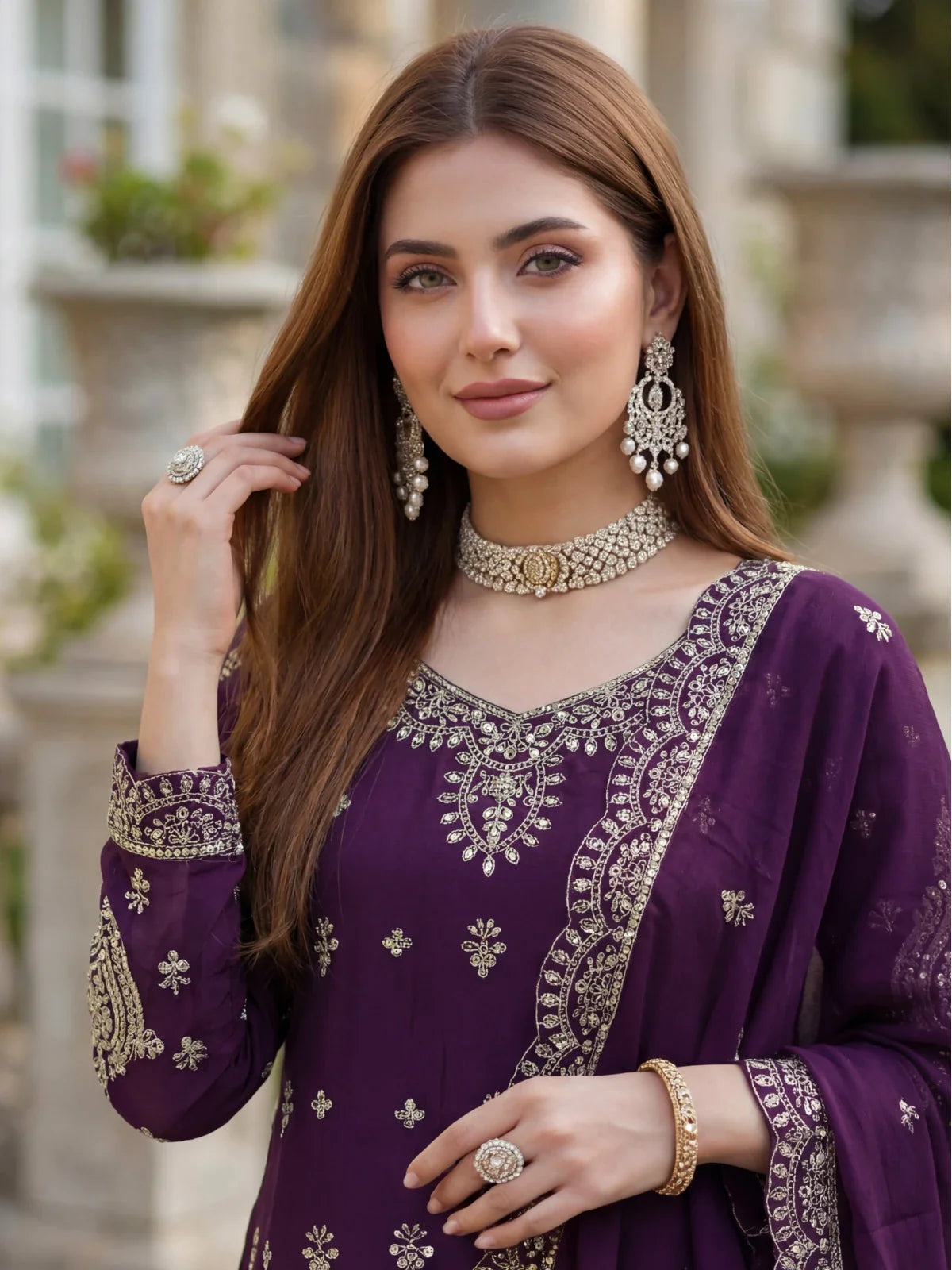 Tarani Chinon Silk purple festive wear dress close-up showing embroidery and neckline