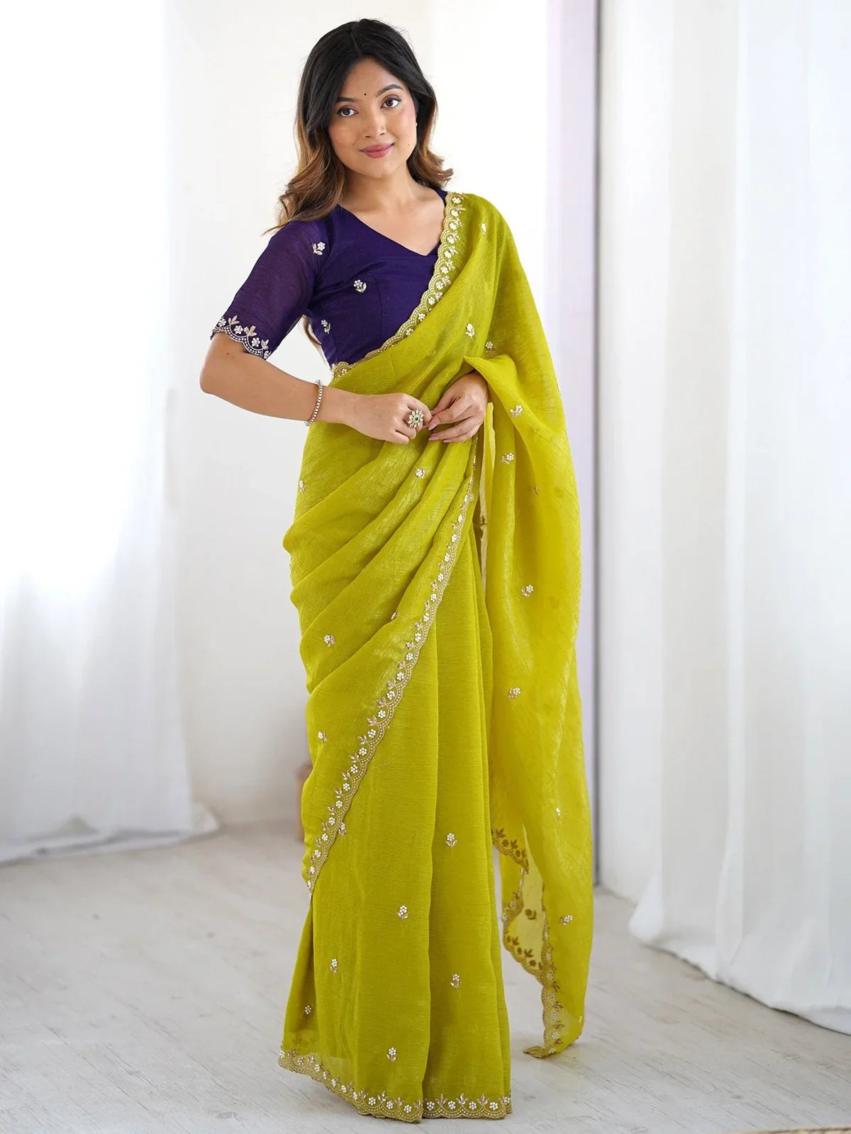 Tarani green soft chinon saree with zari and pearl embroidery full-view image