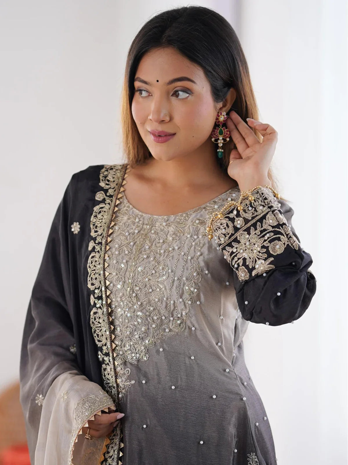 Tarani chinon silk grey dress upper body view showing embroidery work