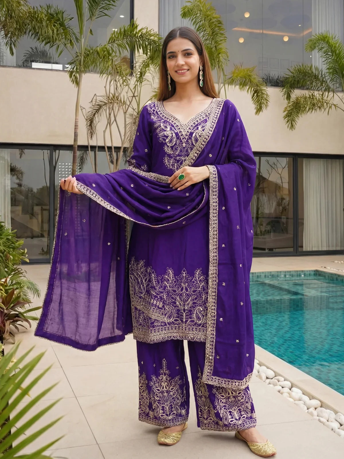 Tarani purple chinon silk sharara suit set with full embroidery shown in full front view