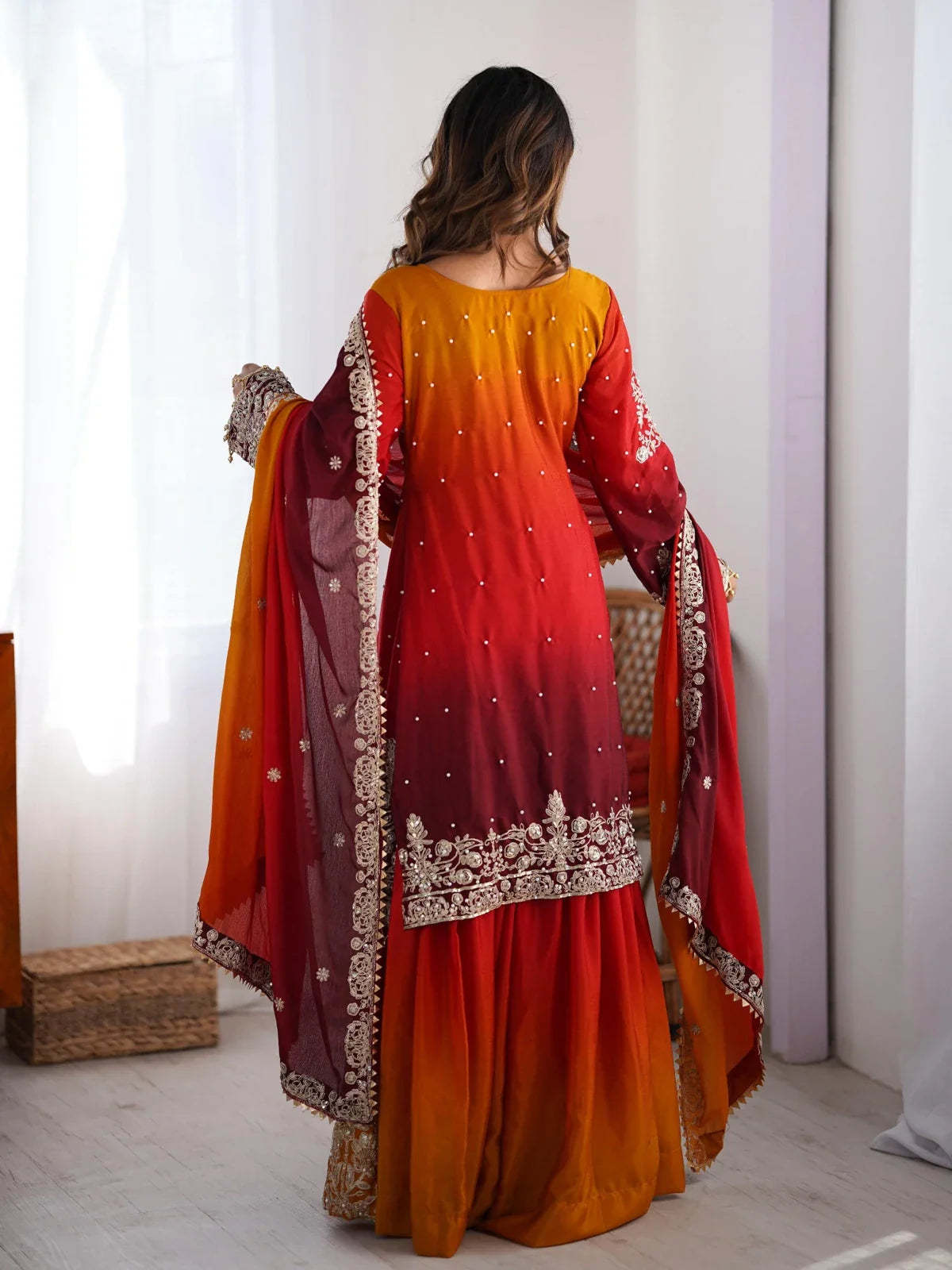 Tarani festive wear chinon silk dress with full back embroidery view and dupatta fall