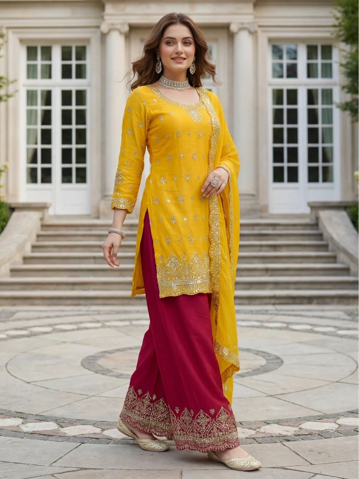 Front view of Tarani chinon silk embroidered dress in mustard yellow perfect for cultural wear
