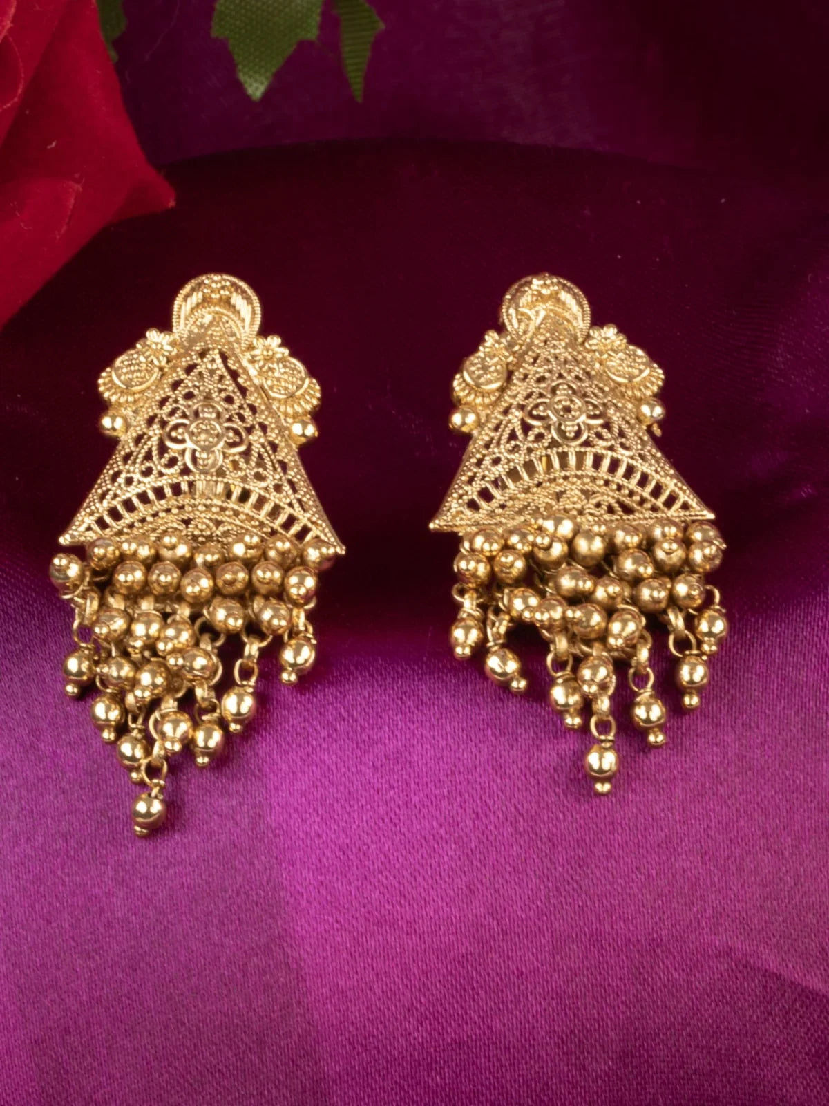 Tarani earrings from gold plated choker set showing intricate craftsmanship
