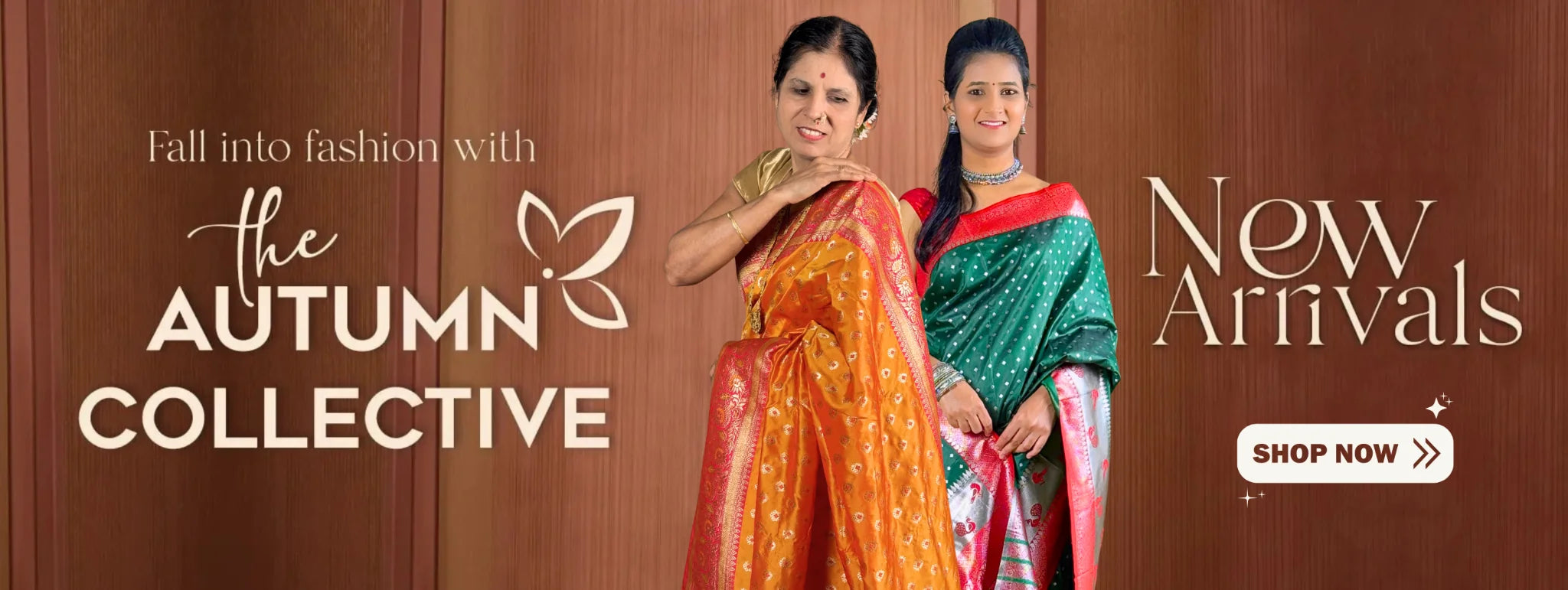 Tarani autumn saree collection banner featuring traditional festive silk styles