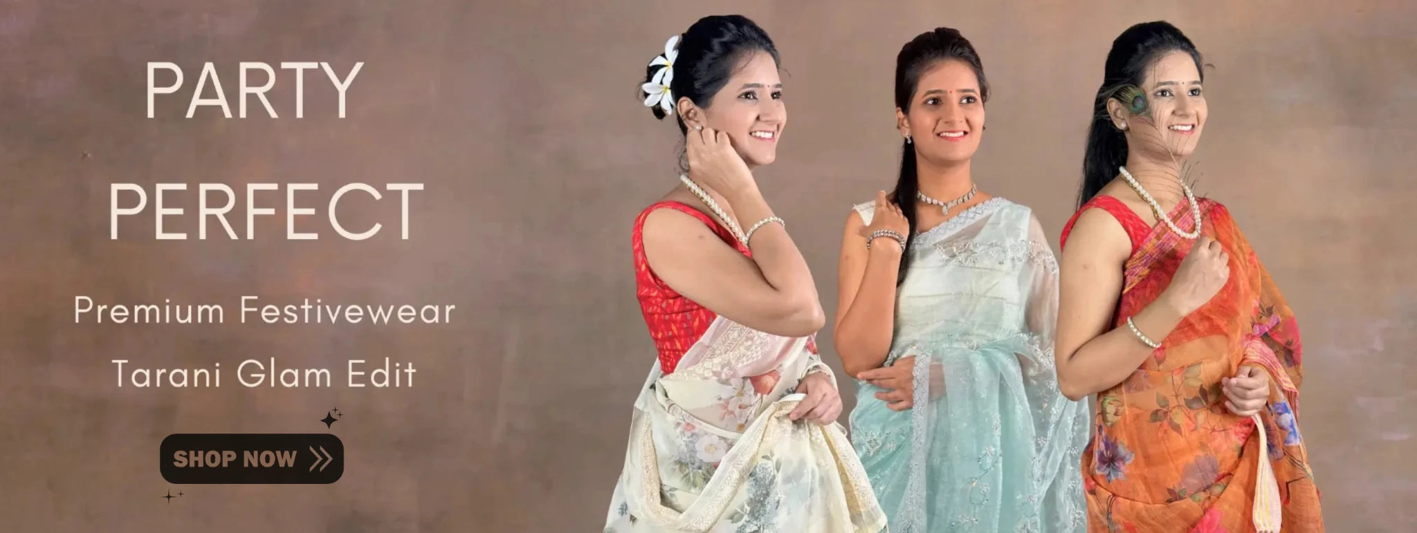 Tarani festive party perfect sarees banner from premium Tarani glam edit