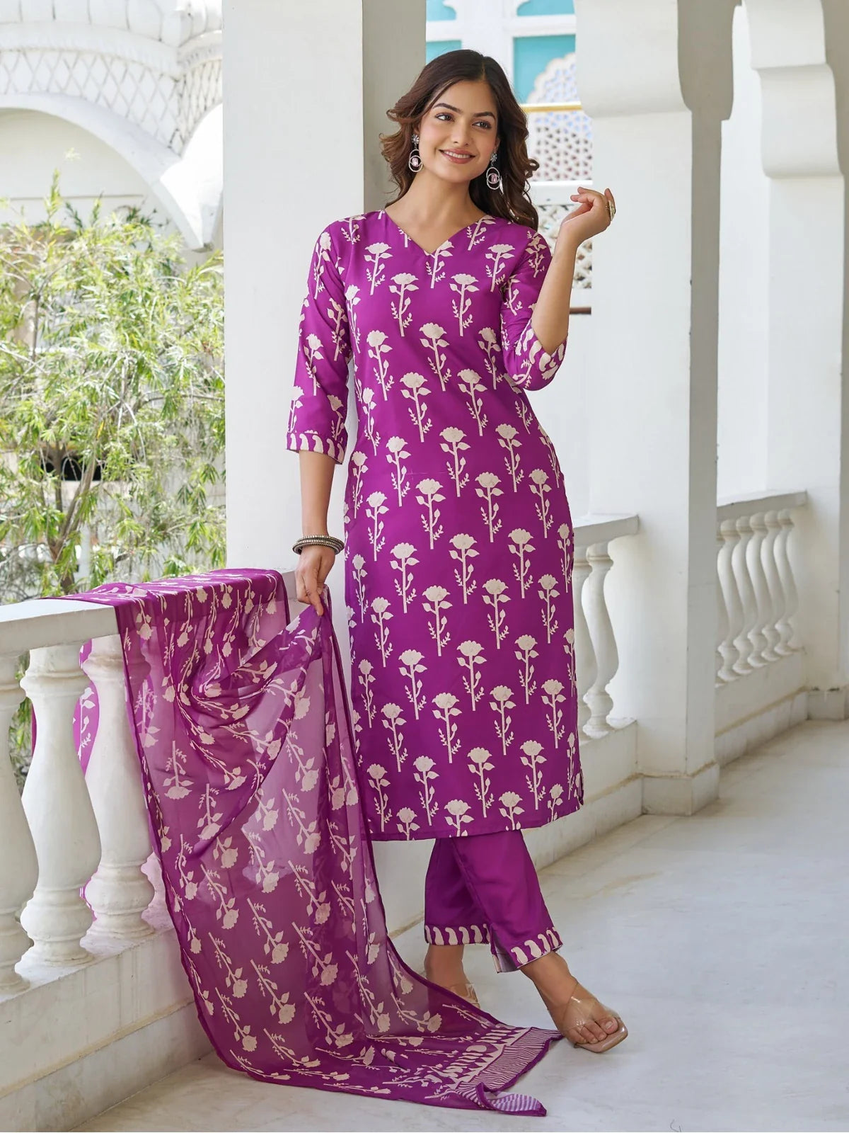 Tarani purple printed cotton blend dress front pose with dupatta