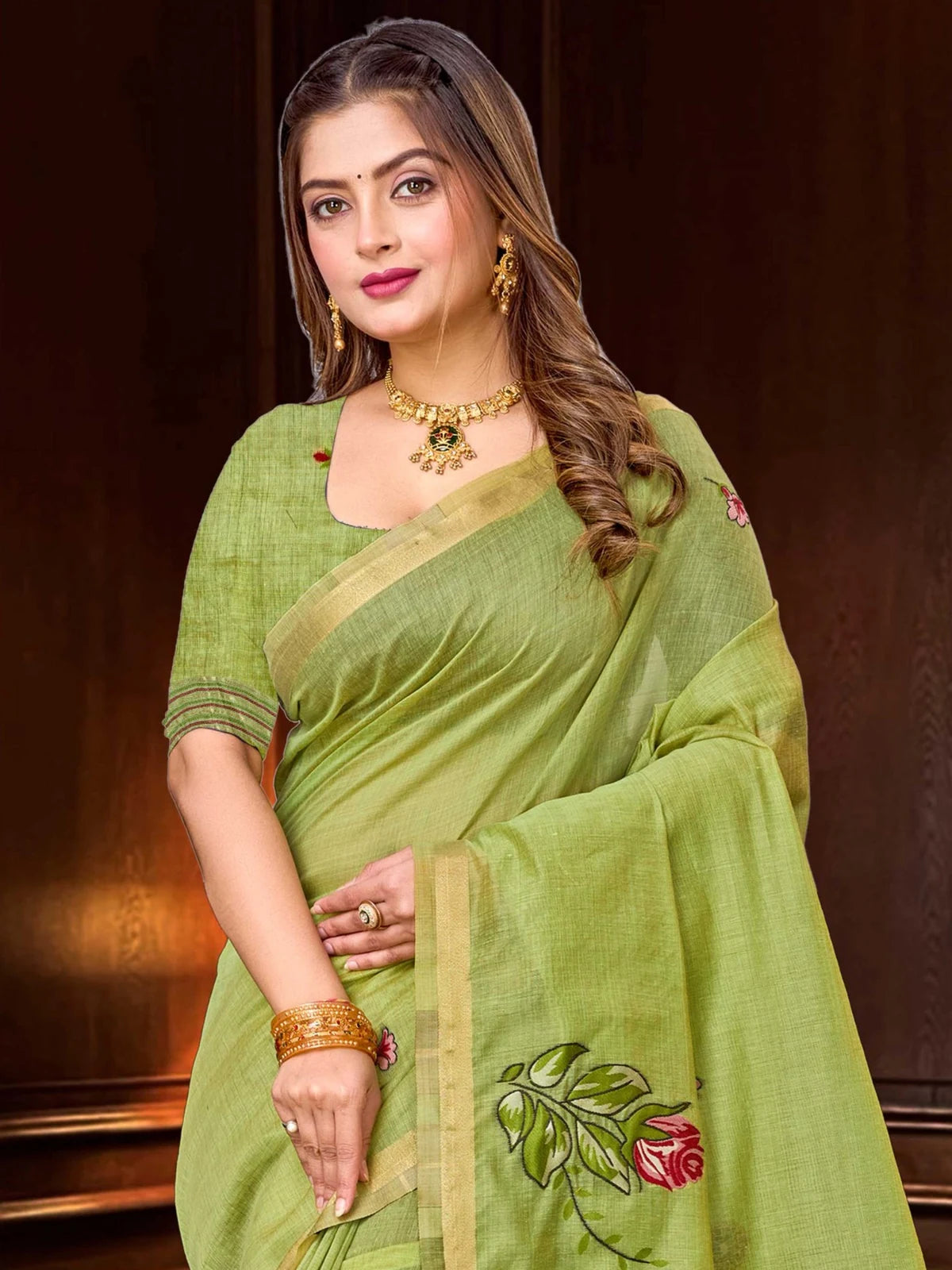 Tarani green cotton blend saree upper body view showing zari border and blouse