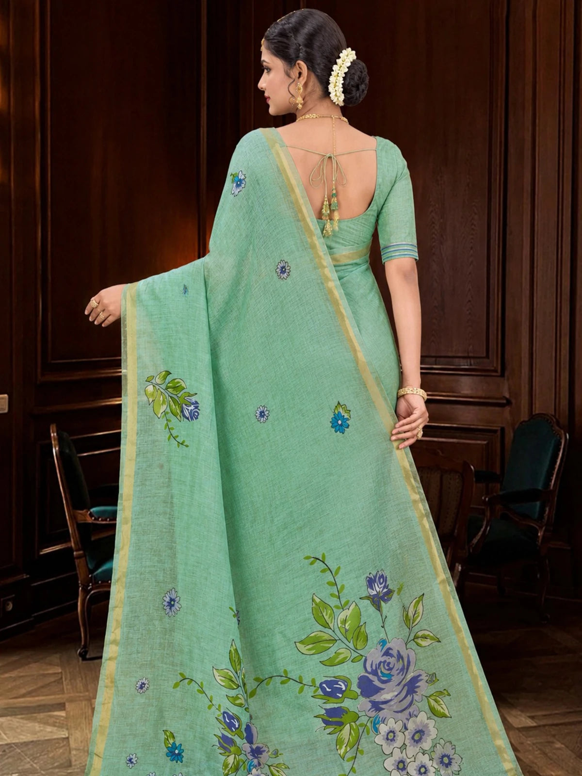 Tarani mint green cotton blend saree back view showing blouse design