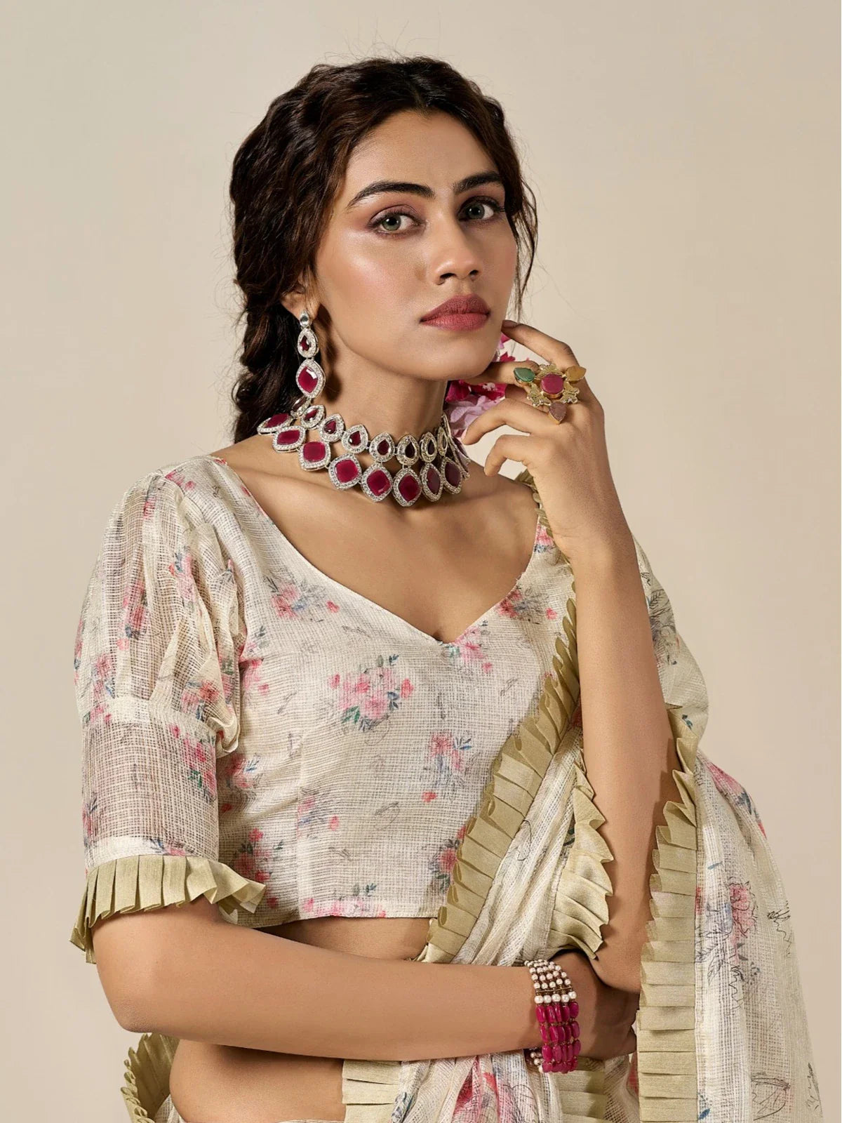 Tarani off white Kota cotton saree upper body view showing floral print and blouse design