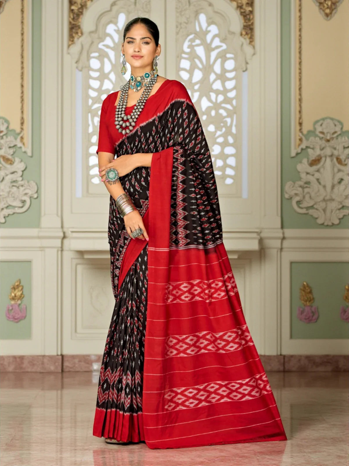 Tarani premium red cotton blend Ikat saree full view with blouse piece for festive wear