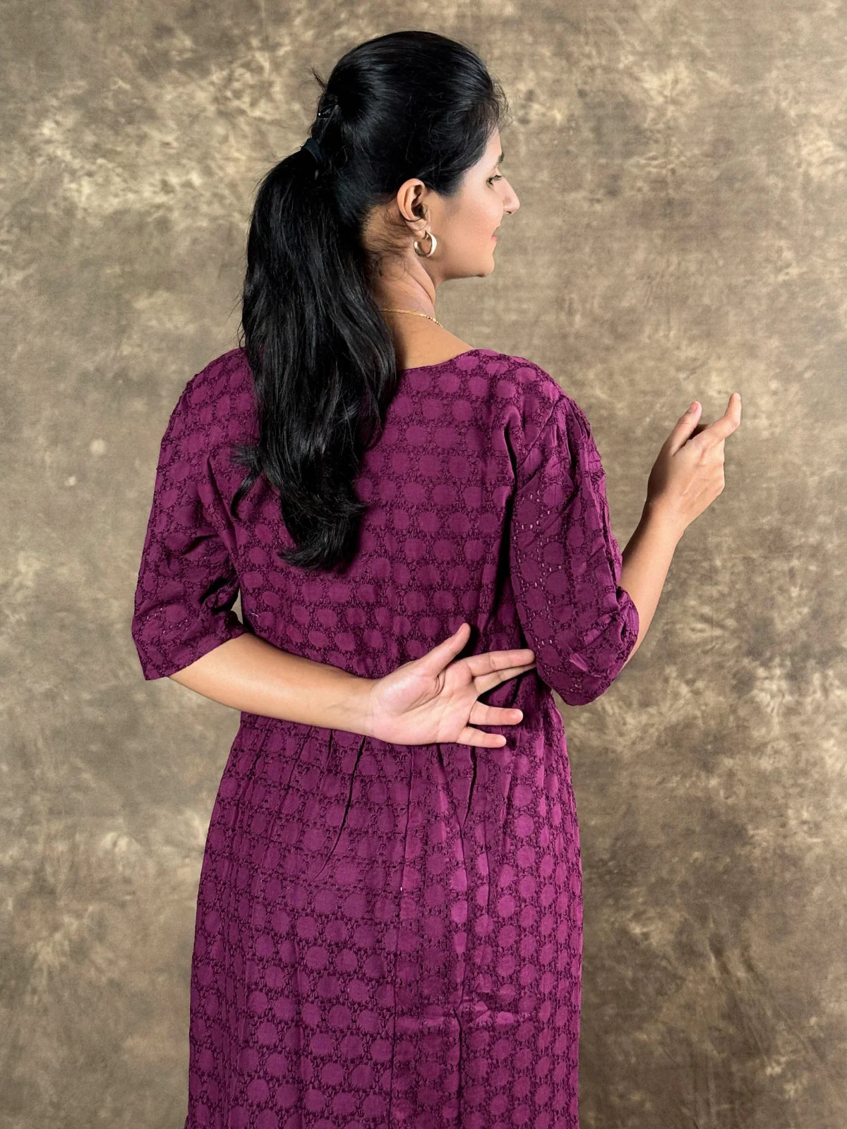 Tarani purple cotton chikankari midi dress full back design view