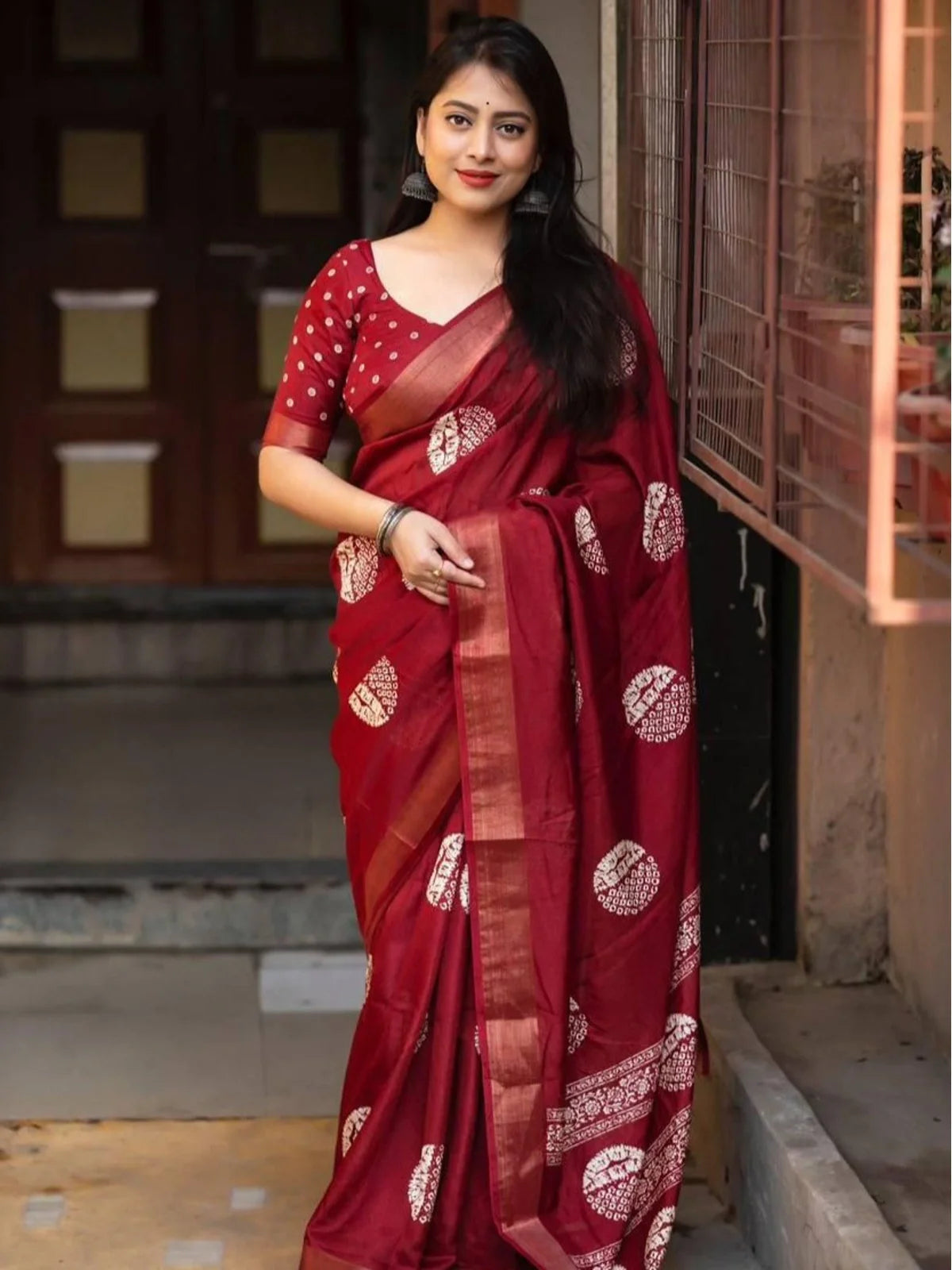 Tarani maroon cotton crape batik print saree full view with elegant festive look