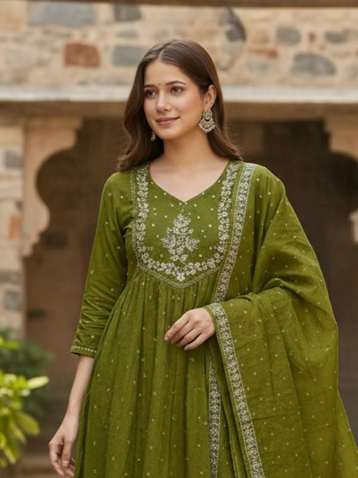 Tarani green cotton embroidered kurti close-up upper body view