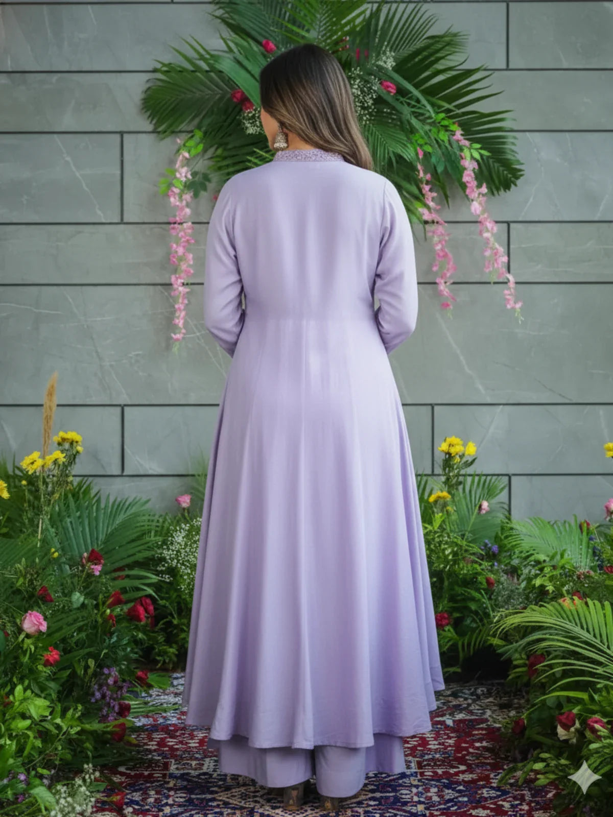 Back view of Tarani lavender cotton kurti showing flare and elegant fall