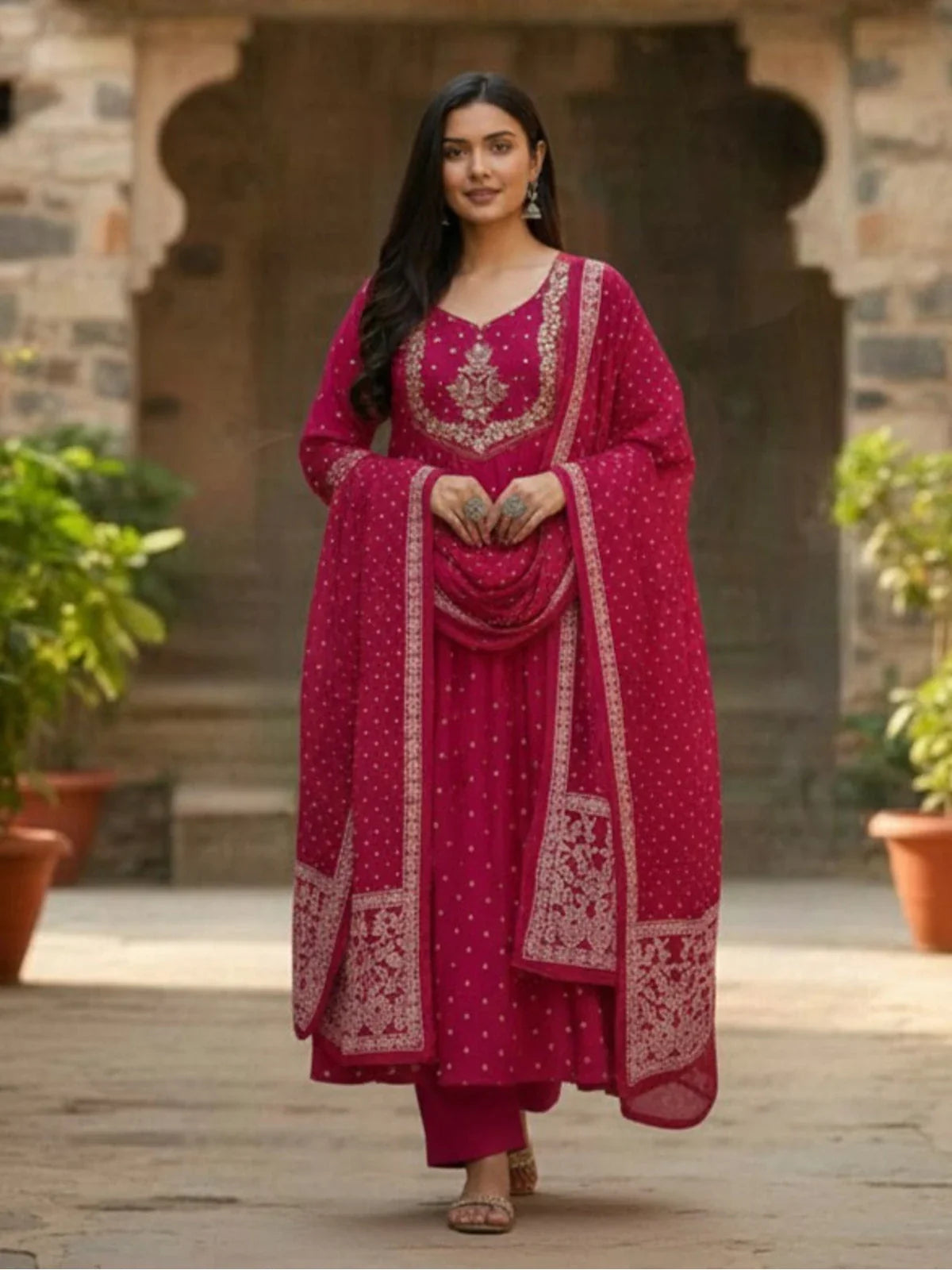 Tarani magenta embroidered cotton dress with dupatta and pant full front view for festive occasions