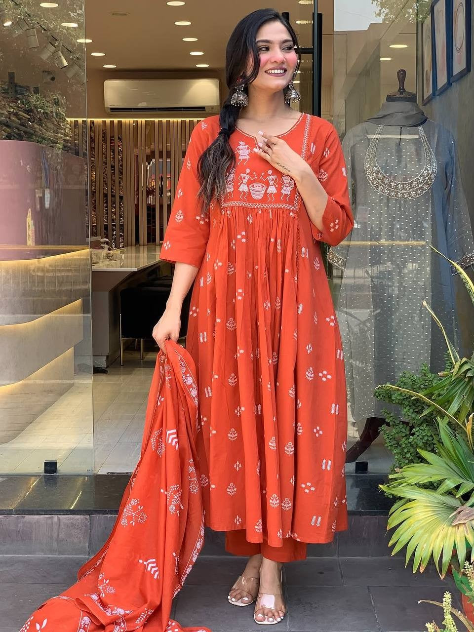 Tarani orange cotton kurti set front view showing kurti pant and dupatta