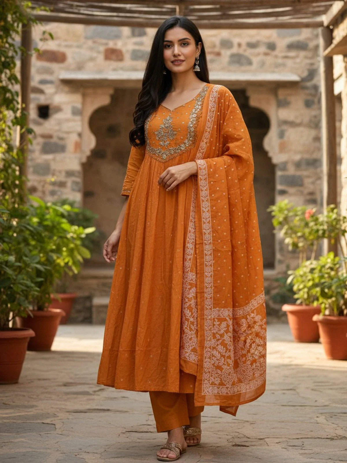 Tarani orange cotton embroidered dress full view with dupatta and pant